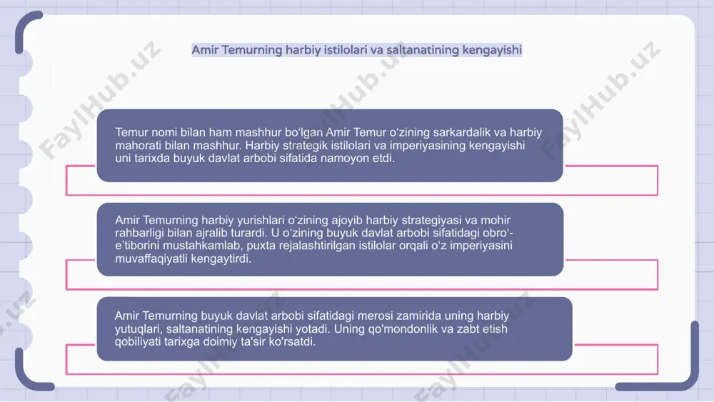 aziy osiyoda birlashtiruvchi kuch sifatida eslanadi. amir temurning rahnamoligi va dunyoqarashi mintaqaning siyosiy manzarasida o‘z izlarini qoldirdi. uning merosi uning harbiy jasoratidan tashqariga chiqadi, chunki u ham san'at va me'morchilik homiysi edi. uning xizmatlari uning hukmronligi ta'sirida bo'lgan hududlarning madaniy merosida o'chmas iz qoldirdi. 1 2 3 amir temurning diplomatik strategiyalari va xalqaro munosabatlari temur nomi bilan ham mashhur bo‘lgan amir temur xalqaro munosabatlarni mustahkam o‘rnatish uchun strategik diplomatik yondashuvlardan foydalangan ajoyib davlat arbobi edi. amir temur o‘z hukmronligi davrida o‘zining diplomatik zehnini ittifoqlar tuzish va tinchlikni saqlash yo‘lida ishga solgan, o‘z saltanatining gullab-yashnashi va barqarorligiga hissa qo‘shgan. uning xalqaro munosabatlardagi zukko amaliyoti unga murakkab siyosiy landshaftlarni boshqarishga, mustahkam diplomatik aloqalarni o'rnatishga va chegaralar bo'ylab o'z ta'sirini kengaytirishga imkon berdi. diniy bag'rikenglik va amir temur siyosati temur nomi bilan ham tanilgan amir temur o‘zining diniy bag‘rikengligi va siyosati bilan ajralib turadi. u turli e'tiqodlar o'rtasidagi uyg'unlikni targ'ib qildi, ibodat qilish …
