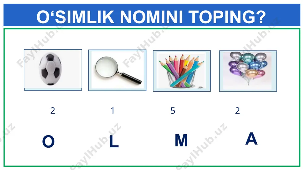 , ularning uzunligini har kuni chizg‘ich yordamida o‘lchang. 3- amaliy mashg‘ulot 8. olingan ma’lumotlar asosida quyidagi jadvalni to‘ldiring. 3- amaliy mashg‘ulot kun 1 2 3 4 5 6 7 8 9 10 nihol uzunligi barglar soni mustaqil bajarish uchun topshiriqlar: 7-mavzuni o‘qish. 2. mavzuga oid rasmlarini chizish. mavzuga doir qo‘shimcha ma’lumotlar topib daftarga yozish. mustaqil bajarish uchun topshiriqlar mustahkamlash olma yong‘oq terak tok gilos na’matak nok loviya qulupnay oddiy barglar murakkab barglar shirinmiya yodda saqlang! tok terak olma gilos nok na’matak qulupnay shirinmiya loviya yong‘oq oddiy barglar murakkab barglar 450060349