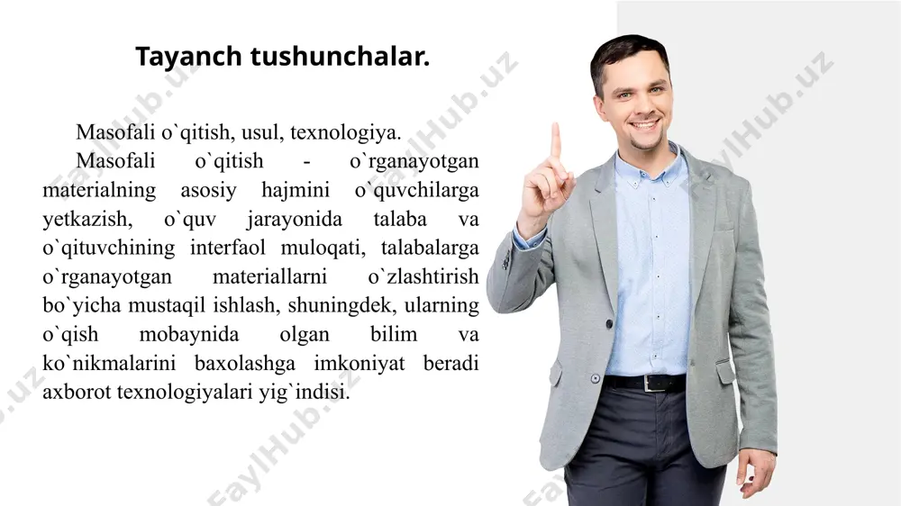 axshi muloqotda bo‘lishini ta’minlaydi hamda o‘z o‘rnida mehnat ta’limi olishini rag‘batlantiradi. masofaviy o‘qitishning quyidagi afzalliklari mavjud: 6 2. mustaqil ta’lim olishning imkoniyati borligi. masofaviy o‘qitish asosida ta’lim berish boshlang‘ich, o‘rta, oliy va malaka oshirish bosqichlarini o‘z ichiga qamrab oladi. tayyorgarligi turli darajada bo‘lgan inspektorlar o‘zlarining shaxsiy dars jadvallari asosida ishlashlari va o‘zining darajasidagi talabalar bilan muloqotda bo‘lishi mumkin. 7 3. ish joyidagi katta o‘zgarishlar. masofaviy o‘qitish asosida ta’lim berish turi millionlab insonlarga, hammadan ham ishlab chiqarishdan ajralmagan holda ta’lim olayotgan yoshlar uchun qulay shart-sharoitlarni yaratib beradi. bunday uslub asosida o‘qitish kadrlarni tayyorlashda muhim o‘rin tutadi. 8 4. o‘qitish va ta’lim olishning yangi va unumli vositasi. statistik ma’lumotlar shuni ko‘rsatadiki, masofaviy o‘qitish asosida ta’lim berish, ishlab chiqarishdan ajralgan holda o‘qish kabi unumlidir. bundan tashqari, masofaviy o‘qitish asosida ta’lim olish oliy o‘quv yurti tomonidan qo‘yilgan chegaradan ham chetga chiqib ketadi. bunday asosda ta’lim olayotgan o‘quvchitalabalarning boshqalardan ustunligi ularning eng yaxshi, sifatli materiallar …