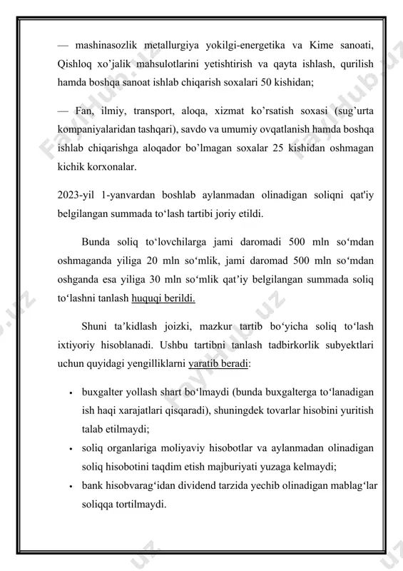 davlat soliq xizmati organida doimiy muassasa sifatida hisobga qo`yilganidan keyin o`zbekiston respublikasi norezidentining soliq majburiyatlarini uzish hisobiga hisobga olinishi kerak. agar o`zbekiston respublikasining norezidenti tomonidan o`zbekiston respublikasidagi doimiy muassasa bilan bog`liq bo`lmagan faoliyatdan daromad olingan bo`lsa va shu daromaddan o`zbekiston respublikasida to`lov manbaida haqiqatda yuridik shaxslardan olinadigan foyda solig`i ushlab qolingan hamda byudjetga o`tkazilgan bo`lsa, ushbu norezidentning doimiy muassasasida ushlab qolingan yuridik shaxslardan olinadigan foyda solig`i hisobga olinmaydi. o`zbekiston respublikasida faoliyatni doimiy muassasa orqali amalga oshiradigan o`zbekiston respublikasi norezidentining yuridik shaxslardan olinadigan foyda solig`iga qo`shimcha ravishda sof foydasiga ham 10 foizli stavka bo`yicha soliq solinadi. sof foyda deganda o`zbekiston respublikasining norezidenti tomonidan o`zbekiston respublikasida doimiy muassasa orqali amalga oshiriladigan faoliyatdan olingan, yuridik shaxslardan olinadigan foyda solig`ining hisoblangan summasi chegirib tashlangan foyda tushuniladi. soliq solinadigan baza. yalpi tushumdan soliqka tortilmaydigan daromadlarni hamda yalpi tushumni kamaytirish uchun belgilangan soliq va to’lovlarni chegirib tashlash orkali soliq solinadigan baza aniqlanadi. yalpi tushumdan chegirib tashlanadigan …