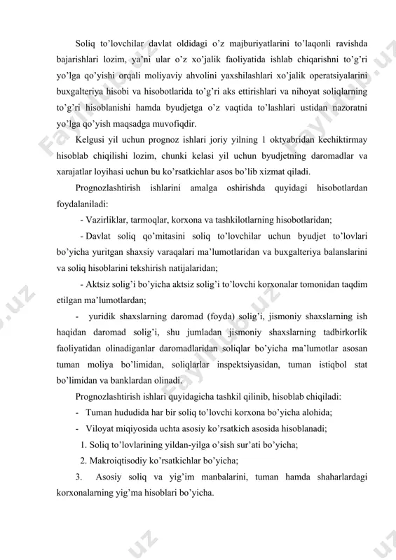 tlariga muvofiq belgilash maqsadida soliq sub’ektini, ob’ekt va manbai, soliqqa tortish birligi stavkasi, soliqni to’lash muddatlari, ularni qaysi byudjetga to’lashlarini aniqlab olishlari kerak. soliq to’lovchilarning byudjet oldidagi majburiyatlarini bajarish 2 bosqichda amalga oshiriladi: 1. soliqlar va yig’imlarni hisoblanishi; 2. soliqlar va yig’imlarni byudjetga o’tkazish. soliqlarni hisoblash soliq to’lovchilarning soliq to’lovlari majburiyatlarini bajarishning birinchi bosqichi bo’lib, u byudjetga o’tkazilishi kerak bo’lgan soliq summasining aniqlanishida o’z aksini topadi. soliqni hisoblash jarayoni 5 bosqichda amalga oshiriladi: a) soliq ob’ektini aniqlash; b) soliq bazasini aniqlash; v) soliq stavkalarini tanlash; g) soliq imtiyozlarini qo’llash; d) soliq summasini hisoblash; soliqlarni hisoblash majburiyati nafaqat soliq to’lovchiga, balki soliq organiga ham yuklatiladi. soliqlarni kim tomonidan hisoblanishiga qarab ikkiga: okladli, ya’ni soliq organlari tomonidan hisoblanadigan yoki soliq to’lovchilar mustaqil hisoblaydigan soliq turlariga bo’linadi. okladli soliqlar miqdorini soliq organlari soliq to’lovchilariga belgilangan soliq me’yorlari orqali aniqlaydi. (masalan: eng kam ish haqi miqdorida). bu soliqlarga asosan jismoniy shaxslar to’laydigan ayrim soliqlarni …