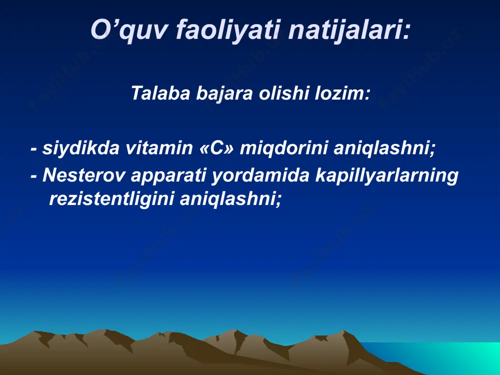 ina naychani qisqich bilan mahkamlash 0,1 5,5 10 6 3 minutdan so’ng, rezina naycha bo’shatilib, bilakni spirt bilan artib tashlash, lupa yordamida hosil bo’lgan petexiyalarni sanash va organizmning vitamin c bilan ta’minlanganligini baholash 0,3 16,5 30 jami 1 55 100 kontseptual jadval vitaminlarning tasniflari biotin -н в-guruhga kiruvchi в1, в2, в3, в6, в9, в12 suvda eriydigan vitamin-е vitamin-d vitamin-а yog’da eriydigan с-vitamini yoki askarbin kislatasi nikatin kislatasi vitamin - рр vitamin-к test savollari: 1. toshkent shaxridagi barcha maktabgacha bm ida shamollash kasalliklarining profilaktik tadbiri sifatida uchinchi ovqatlarni «c» vitamini bilan boyitish ko’zda tutilgan; mazkur tadbirni amalga oshirishda «c» vitaminiga bo’lgan kunlik ehtiyojini qanday miqdordan kelib chiqqan holda hisoblash kerak bo’ladi: a. 20-30 mg b. 60-70 mg v. 90-100 mg g. 120-140 mg d. 1-1,5 gr. 2. agar patsientda «c» gipovitaminozining yorqin simptomlari bo’lsa, keltirilgan mahsulotlarning qaysilarini unga istemol qilishni tavsiya etasiz: a. pivo achitqisi b. boyarishnik sharbati v. sabzi g. …