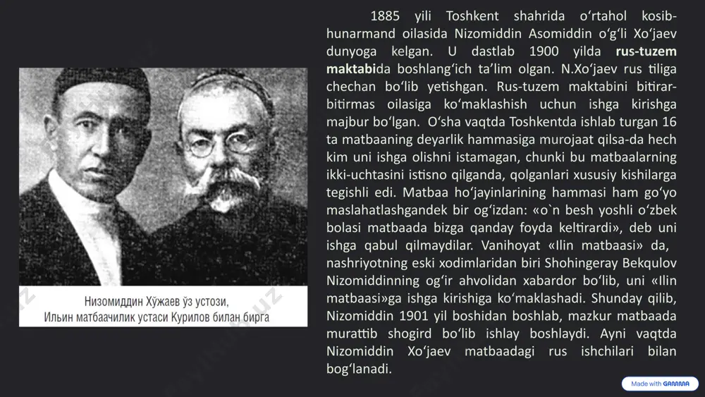 ini belgilaydi – xo‘jaev xalqning fikrini, dunyoqarashini o‘zgartirishga xizmat qilgan ma’rifatparvarlardan biri edi. shuni alohida ta’kidlash zarurki, nizomiddin xo‘jaev keyinchalik sovet hokimiyatiga sadoqat bilan xizmat qilgan bo‘lsa-da, uning qalbida uzoq yillar davomida mustaqil turkiston viloyati va mustaqil turkiston bolsheviklar partiyasini tashkil etish g‘oyasi yashab kelgan. uning shoir cho‘lpon bilan yaqinlashuvi va ularning bir umrlik do‘stlikka aylanishiga sabab faqatgina san’at va adabiyotga bo‘lgan mehr emas, balki eng avvalo shu umumiy milliy ozodlik g‘oyasi bo‘lgan. nizomiddin xo‘jaev bolalik chog‘larida boshlang‘ich ta’lim bilangina kifoyalangan bo‘lsa-da, turkistonda nashr etiladigan barcha mahalliy matbuotni muntazam o‘qib borar, badiiy va ayniqsa siyosiy adabiyotlarga alohida qiziqish bilan munosabatda bo‘lgan. u rus klassiklaridan pushkin va tolstoy asarlarini yoqtirar, «iqbol» va «maktab» kabi bokudan keladigan gazetalar, shuningdek, «mulla nasriddin», «xo‘pxo‘pnoma», «fyuzot» jurnallari, hamda orenburg, qozon va ufadan tarqatiladigan «vakt», «yulduz», «turmush» gazetalari va «sho‘ro» jurnali bilan tanishib borgan. siyosiy adabiyotlarni esa rus tilida mutolaa qilgan. 1916 yilda tashkil etilgan «maktab» …