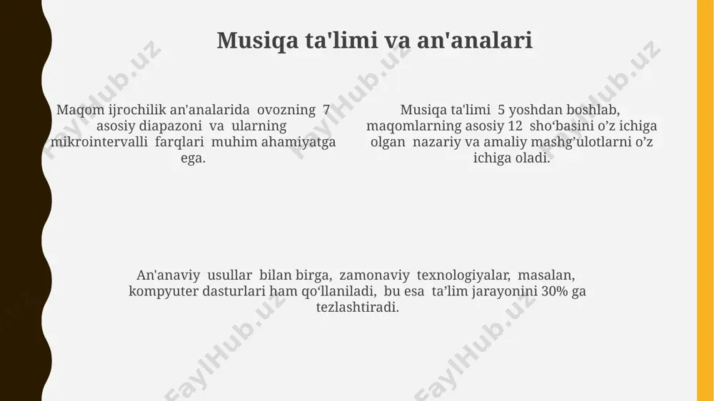 umumiy xususiyatlaridan biridir. janubiy osiyo musiqasida mikrointervalli (chorak ton) elementlarning keng qo'llanilishi va ularning ba'zi janubi-sharqiy osiyo mamlakatlari musiqasida ham uchrashi geografik yaqinlik va madaniy almashinuvning dalilidir. modal tizimlarning taqqoslanishi modal tizimlarning 5-7 pog'onali gamma asosidagi strukturasi ko'plab sharq musiqalarida, xususan, arab, fors va hind musiqalarida kuzatiladi, bu esa ularning o'zaro yaqinligini ko'rsatadi. makomlar va ragalar kabi modal tizimlarning 2-3 ta asosiy tovushdan (tonik, dominant) qurilgan melodik konturlari va mikrointervalli bezaklari o'xshashliklarni namoyon etadi. arab va hind musiqasida ishlatiladigan modal tizimlarning taxminan 10-12 ta asosiy turi mavjud bo'lib, ularning ayrimlari o'xshash intervalli tuzilmalarga ega. musiqiy asbobsozlik an'analari o'rta osiyo musiqa an'analarida 500 dan ortiq turdagi musiqa asboblari qo'llanilganligi tarixiy manbalarda tasvirlangan, ulardan 200 ga yaqini hozirgi kungacha saqlanib qolgan. “musiqiy asbobsozlik an'analari”da 12 ta asosiy musiqa janri mavjud bo'lib, ularning 7 tasida torli cholg'ular, qolgan 5 tasida esa nafasli va zarbli cholg'ular ustunlik qiladi. "musiqiy asbobsozlik an'analari"da ma'lum bir geografik …