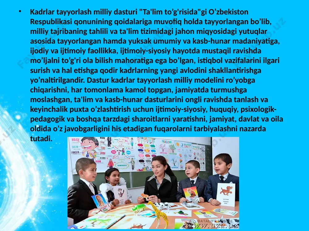 n demokratik davlatlar talablariga javob bera olmayotir. mutaxassislar tayyorlash, ta'lim-tarbiya tizimi jamiyatda bo’layotgan islohot, yangilanish jarayonlari talablari bilan bog'lanmagan. maktabgacha ta'lim va tarbiya ahvoli qoniqarsizligicha qolmoqda. bog'cha yoshidagi bolalarning 25 foizigina maktabgacha tarbiya muassasalariga qamrab olingan, xolos. maktabgacha bolalar muassasalaridan va oiladan maktabga kelgan bolalarning tayyorgarlik darajasi o’rtasida sezilarli tafovut mavjud. islox qilish omillari kadrlar tayyorlash tizimini tubdan islo qilishning muhim omillari quyidagilardan iborat: respublikaning demokratik xuquqiy davlat va adolatli fuqarolik jamiyati qurish yo'lidan izchil ilgarilab borayotganligi; mamlakat iqtisodiyotida tub o'zgartirishlarning amalga oshirilishi, respublika iqtisodiyoti asosan xomashyo yo'nalishidan raqobatbardosh pirovard mahsulot ishlab chiqarish yoliga izchil o'tayotganligi, mamlakat eksport salohiyatining kengayyotganligi; davlat ijtimoiy siyosatida shaxs manfaati va ta'lim ustuvorligi qaror topganligi; milliy o'zlikni anglashning o'sib borishi, vatanparvarlik, o'z vatani uchun iftixor tuyg'usining shakllanayotganligi, boy milliy madaniy-tarixiy an'analarga va xalqimizning intellektual merosiga hurmat; o'zbekistonning jahon hamjamiyatiga integratsiyasi, respublikaning jahondagi mavqei va obro'-e'tiborining mustahkamlanib borayotganligi. e’tiboringiz uchun rahmat image2.jpeg image3.jpeg image4.jpeg image5.jpeg image1.jpeg …
