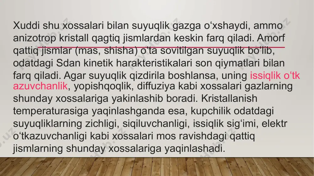 oʻluvchi jarayonlar qaytmas jarayonlar termodinamikasi; yaxlit muhit deb qaraluvchi suyuqlik harakati gidrodinamika; suyuq metallarning oʻziga xos oqimi magnit gidrodinamika uslublari orqali oʻrganiladi. 🧵 to‘qimachilik klasterlari – o‘zbekistonda 📍 joylashuvi: o‘zbekistonning quyidagi viloyatlarida keng rivojlangan: toshkent viloyati namangan viloyati andijon viloyati farg‘ona viloyati (va boshqa viloyatlar, masalan, buxoro, qashqadaryo, sirdaryo ham bu yo‘nalishda faol) 🔄 klaster tizimi nima? to‘qimachilik klasteri — bu paxtani yetishtirishdan tortib, uni qayta ishlab, tayyor kiyim-kechak yoki eksportga mo‘ljallangan mahsulotgacha yetkazib beruvchi yagona ishlab chiqarish zanjiri. 📦 ishlab chiqarish bosqichlari: paxta yetishtirish – fermerlar tomonidan paxta tozalash – paxta tolasini ajratish ip yigirish – paxta tolalaridan ip tayyorlash mato ishlab chiqarish – to‘qish, bo‘yash, apretlash tayyor mahsulot tikish – kiyim-kechak, choyshab, sochiq, forma va h.k. ichki va tashqi bozorga yetkazib berish 🏭 yirik klaster kompaniyalari: indorama kokand textile (farg‘ona) uztex group (namangan, toshkent, samarqand) atlas textile bct cluster (buxoro) sardoba agrocluster (sirdaryo) 🌍 eksport salohiyati: mahsulotlar rossiya, …