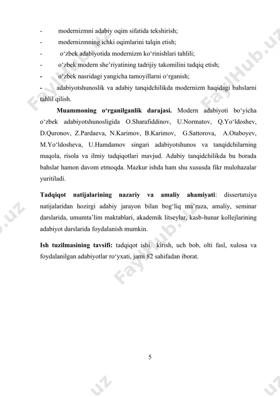 l​di” . ko‘rinib turibdiki, modern istilohi yangidan yuzaga kelmagan, ammo uning adabiyot va san’atda yaratilganiga ming yillardan ortiqroq vaqt bo‘lgan. modernizm xx asrning yetakchi ijodiy g‘oyasi sifatida noan’anaviy oqimlarni o‘zida birlashtirgan, realizmga muqobil bo‘lgaan ijodiy metoddir. "modernizm" istilohi xix asr oxirlari fransiya adabiy muhitida paydo bo‘lgan dekadentlik hodisasi bilan bevosita bog‘liqlikda izohlanadi (fr. "fekafans"- tushkunlik so‘zidan). rossiyada u "stil modern" moderi uslubi, belgiya va fransiyada "ar-nuvo", avtro-vengriyada "setsession", germaniyada "yugenditil", italiyada "liberti uslubi", buyuk britaniyada "modern stayl", aqshda "tiffani stili" va h. deb nom oldi. umuman, "modern" tushunchasi fransuz simvolist-shoirlar tomonidan yuzaga chiqariladi. insonlarning ong-u shuurida birinchi paydo bo‘lgan, keyinchalik tasviriy san’at hamda o‘tgan asrning boshlarida tom ma’noda adabiy oqim sifatida yevropa adabiyotida ustuvor bo‘lgan modernizmning vujudga kelishi, shakllanishi to‘g‘risida turli xil qarashlar mavjudligi yuqoridagi ma’lumotlar ko‘rsatib turibdi. g’arbning ayrim adabiyotshunoslari modernizmni miloddan avvalgi ming yilliklar oldingi taraqqiyot bilan bog‘lab talqin qiladilar. shuningdek, ushbu atamaning qoʻllanilishini yevropada xvii asrda vujudga …