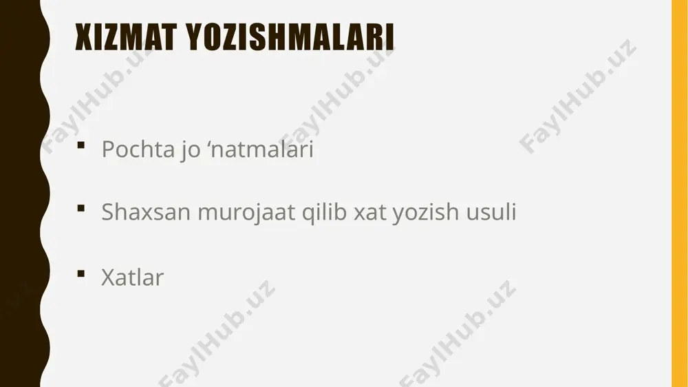dan rasmiy ish yuritishda, umuman, turmushda pochta jo ‘natmalariga manzil yozish muhim o‘rin tutadi.shartli raqamlar xatjild chap tomonining pastki qismida ko‘rsatilgan katakchalarga yoziladi. uning qanday yozilish shakli xatjild orqa tomonidagi namunada ko'rsatilgan. shartli raqam sariq, qizil va yashildan boshqa rangdagi siyoh bilan yoziladi. xatlar yo‘ llanayotgan aniq shaxslar esa jo'nalish kelishigida yoziladi (familiya ko‘rsatilmasligi ham mumkin). masalan: «toshkent truba zavodi» qo 'shma korxonasi reja-iqtisod bo 'limi boshlig ‘iga agar oluvchining ismi, otasi ismi ham aniq bo‘lsa, familiya oldidan ularning bosh harflari yoziladi. masalan: parkent tumani matlubot jamiyati ulgurji va chakana savdo ochiq aksiyadorlik jamiyati boshqaruvining raisi s.m. sharipovga agar xat harbiy unvon, boshqa maxsus unvon (adliya maslahatchisi, davlat soliq maslahatchisi), ilmiy unvon yoki darajaga ega bo‘lgan shaxsga yo‘llanayotgan b o isa, shaxsling tegishli lavozimi, unvon yoki darajasi yoziladi. masalan: andijon davlat universiteti biologiya fakultetining dekani, professor i.r. mutalovga bir turdagi tashkilotlar guruhiga yo‘llanayotgan hujjatlarda oluvchilaming nomi umumlashgan holda ko‘rsatilishi mumkin. …