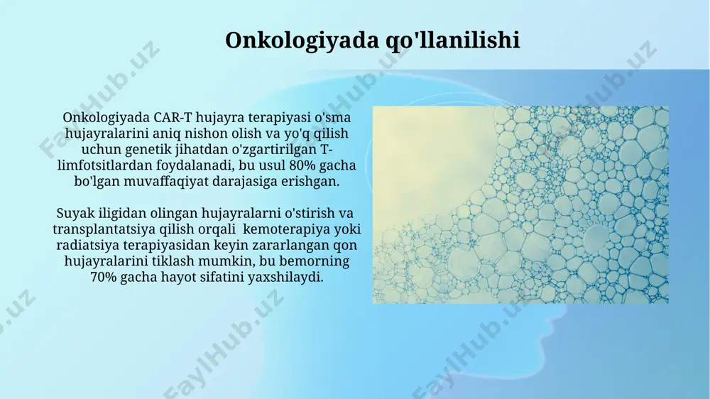 iv kasalliklarni davolashda, hujayra muhandisligi yordamida, shikastlangan neyronlarni almashtirish uchun 100,000 dan ortiq pluripotent hujayralar implantatsiyasi o'rganilmoqda. dori vositalarini ishlab chiqarishda qo'llanilishi hujayra muhandisligi texnologiyalari yordamida dori vositalarining samaradorligini oshirish va yon ta'sirlarini kamaytirishga qaratilgan 20 dan ortiq yangi dori shakllarini ishlab chiqish mumkin. hujayra muhandisligi yordamida 3d bioprinterlardan foydalanib, individual bemorlar uchun moslashtirilgan, 100% biomos keladigan dori vositalarini ishlab chiqarish mumkin. qon yaratish tizimining kasalliklarida qo'llanilishi qon yaratish tizimining o'tkir leykemiyasi kabi saraton kasalliklarini davolashda, bemorning o'z hujayralaridan foydalanib, gen terapiyasi orqali 80% ga yaqin muvaffaqiyatga erishish mumkin. qon quyish bilan bog'liq kasalliklarning oldini olish uchun sun'iy qon hujayralari ishlab chiqarish, taxminan 5 yil ichida keng miqyosda klinik qo'llanilishi kutilmoqda. klinik qo'llanilishi va natijalar кўпгина ўпка касалликларини даволашда, яъни ўпка эмфиземаси ва кистоз фибрози каби касалликларда, хужайрали мухандислик ёрдамида ўпка тўқималарини регенерация қилиш бўйича 70% га яқин муваффақиятли натижалар қайд этилган. йўғон ичак саратонини даволашда, хужайрали терапиянинг янги усуллари …