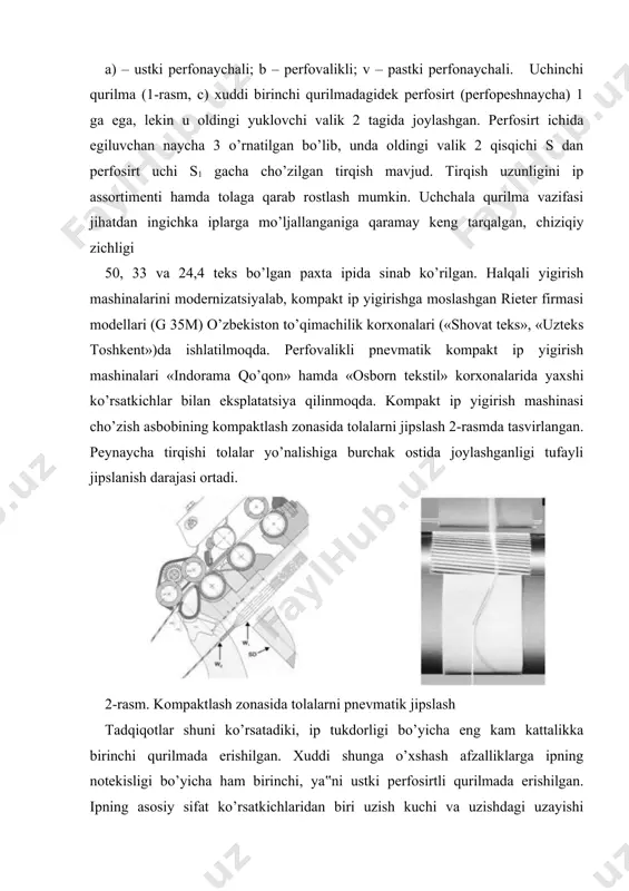 utaxassislar pnevmatik kompakt ip qurilmalarini tanqid qiladilar. mexanik kompakt ip yigirish qurilmasi shveysariyaning rotorcraft firmasi pnevmatik qurilmalarning kamchiliklarini ko’rsatib, mexanik qurilmalarni kompakt ip qurilmalarining ikkinchi avlodi sifatida tavsiya etadi (3-rasm). mazkur qurilmaning ishlash prinsipi pishitish uchburchagining balandligi hamda enini keskin kamaytirishga asoslangan. quyida mazkur qurilmaning tuzilishi va ishlashi xususiyatlari keltirilgan. rotorkraft firmasining rocos kompakt ip yigirish qurilmasi ilk bor 1999 yil parijda bo’lib o’tgan itma halqaro ko’rgazmasida namoyish etilgan. bu qatori rieter suessenning som 4 va elita turidagi pnevmatik tolalarni jipslovchi kompakt ip qurilmalari ham namoyish etilgan. uning umumiy ko’rinishi 3-a) rasmda, oldingi juftligi esa 3-b) rasmda ko’rsatilgan. 1-silindr,2,3-valik,4-zichlagich a) rocos qurulmasining umumiy b) rocos qurulmasining oldingi ko’rinishi juftligi 3-rasm birmingemda 2003 yili itmada rocos kompakt ip yigirish qurilmalarining tizimi lakshmi mashinasozligi zavodi (hindiston)da joriy qilinganligi namoyish etilgan. so’ngra, erishilgan ishonchli yutuqlar natijasida tokomillashtirilib, ishlab chiqarish sharoitida sinovdan o’tkazilgan. singapurdagi 2005 yil itmada rocos kompakt ip yigirish qurilmasi namoyish etildi …
