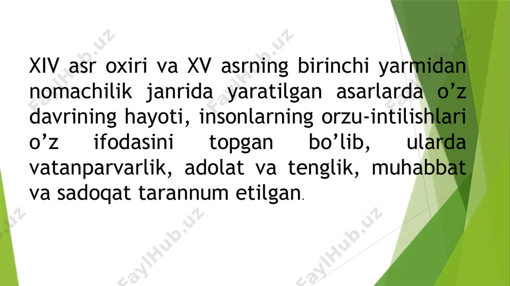 alarning kengligi, aniq tarixiy sharoit va voqealar bilan bevosita bogʻlanganligi jihatidan ajralib turadi. bu asar oʻziga xos izchil uslubga ega. nomaning ildizlarini xalq og‘zaki ijodida ko‘rish mumkin. „alpomish“ dostonida nomaning ilk namunasi mavjud. qalmoqlar yurtida qolgan barchin o‘zining nochor ahvolini bayon etib, hakimbekdan yordam so‘rab, unga noma yozadi va bu nomasini o‘nta navkar orqali yuboradi. noma janridan maʼlum tarixiy va ijtimoiy-siyosiy voqealar jarayonida ham istifoda etilgan. miloddan oldingi iii asrda markaziy osiyoda hukmdorlik qilgan boting tangriqutning xitoy malikasiga yozgan maktublari va malikaning botir tangriqutga yozga javoblari maʼlum. noma eski o‘zbek tilida bildirguluk so‘zi bilan ham ifodalangan. „o‘g‘uznoma“ dostonida o‘g‘uz xoqon barcha ellarning hukmdorlariga bildirguluk, yaʼni noma yuborib, bo‘ysunishni va o‘lpon to‘lashni talab etadi. shu tariqa maʼlum ehtiyojlar tufayli paydo bo‘lgan xabarni ifodalash shakllari ham nomaning shakllanishiga asos bo‘lgan bo‘lishi mumkin. xiv asr oxiri va xv asr boshlarida oʻzbek mumtoz adabiyotida nomachilik janri keng rivojlandi. maʼlumki, noma janri dastlab forsiy adabiyotda …