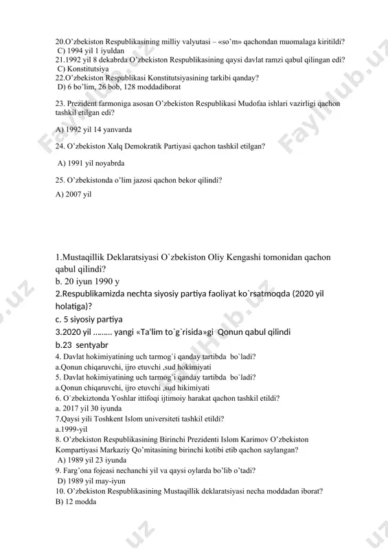 nechta davlat bilan chegaradosh? b) 5 ta 16. o’zbekistonda “mustaqillik deklaratsiyasi” qachon qabul qilingan edi? b) 1990 yil 20 iyunda 17. o’zbekistonda “o’zbek tiliga davlat tili maqomini berish to’g’risida”gi qonun qachon qabul qilingan edi? c) 1989 yil 21 oktyabrda 18. 1992 yil 10 dekabrda o’zbekiston respublikasining qaysi davlat ramzi qabul qilingan edi? b) madhiya 19. davlat va jamiyat hayotining eng muhim masalalari xalq muhokamasiga qo’yilishi qanday ataladi? d) referendum 20.o’zbekiston respublikasining milliy valyutasi – «so’m» qachondan muomalaga kiritildi? c) 1994 yil 1 iyuldan 21.1992 yil 8 dekabrda o’zbekiston respublikasining qaysi davlat ramzi qabul qilingan edi? c) konstitutsiya 22.o’zbekiston respublikasi konstitutsiyasining tarkibi qanday? d) 6 bo’lim, 26 bob, 128 moddadiborat 23. prezident farmoniga asosan o’zbekiston respublikasi mudofaa ishlari vazirligi qachon tashkil etilgan edi? a) 1992 yil 14 yanvarda 24. o’zbekiston xalq demokratik partiyasi qachon tashkil etilgan? a) 1991 yil noyabrda 25. o’zbekistonda o’lim jazosi qachon bekor qilindi? a) 2007 yil 1.mustaqillik …