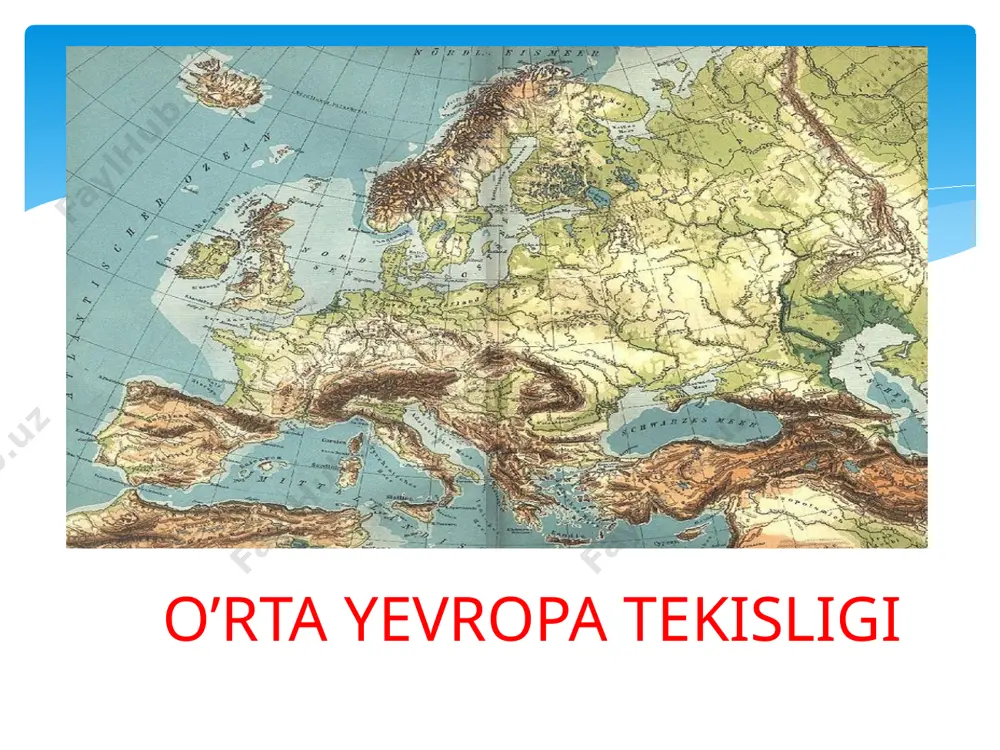 ib, sharqqa qarab kengayib boradi. xususiyat: 20 ming yil ilgari muzliklar erishi paytida hosil bo'lgan morain tizmalari qumloq tekisliklar, qatlam cho'kindi jinslar. shimoliy olmoniya - markaziy evropa ovining bir qismi. germaniyaning shimolini egallab olgan past ta'mirlash. kengligi g'arbda taxminan 150 km bo'lib, sharqqa qarab kengayib boradi. xususiyat: 20 ming yil ilgari muzliklar erishi paytida hosil bo'lgan morain tizmalari qumloq tekisliklar, qatlam cho'kindi jinslar. reyn daryosiga qurilgan dambalar sohildan ancha narida shimoliy dengizda g’arbiy friz, sharqiy friz orollari yoylari,yutlandiyaning g’arbiy qirg’oqlari yaqinida esa-shimoliy friz orollari yoyi cho’zilib ketgan. orollar bilan materik qirg’og’i orasida o’ziga xos suvlik-quruqlikdan iborat polosa cho’zilib ketgan bo’lib, u dengiz suvi qalqib ko’tarilganda suv ostida qoladi. bu polosa vatt nomi bilan mashhur; tekislikning g’arbiy qismidagi sohilni odatda vatt qirg’og’i deb ataydilar. friz orollari dyunalar zanjiridan iborat bo’lib, ular quruqlikning yaqin geologik davridagi cho’kishi sababli materikdan ajralib qolgan. tektonik kartasi tektonik strukturalar va tog’ jinslarn petrografik tarkibining turli yoshda, …