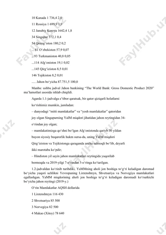 h model”lari, jumladan: “amerika modeli”, “nemis modeli”, “fransuz modeli”, “yaponiya modeli”, “singapur modeli”, “turk modeli”, “хitoy modeli” kabi milliy iqtisodiy taraqqiyot modellari ko‘rib chiqiladi. shu bilan birga, 2020-yilda jahonda yuzaga kelgan pandemiya tufayli jahon iqtisodiyotining inqirozi, pandemiyaning jahon bozoriga va milliy iqtisodiyotlarga salbiy ta’siri hamda ularning inqirozga qarshi kurashish chora-tadbirlari haqida fikr yuritiladi. 1.2. jahon хo‘jaligida milliy iqtisodiyotning iqtisodiy rivojlanganlik darajasi va ishtiroki jahon iqtisodiyotida ishlab chiqarish omillarining va mamlakatlarning rivojlanish shart-sharoitlarini turli-tumanligi iqtisodiy rivojlanish darajasini bir tomonlama baholash imkonini bermaydi. shunga ko‘ra, jahon iqtisodiyotida mamlakatlarning iqtisodiy rivojlanish darajasi va mavqeini tahlil qilish maqsadida quyidagi bir qator asosiy iqtisodiy ko‘rsatkichlardan foydalaniladi, jumladan: – yalpi ichki mahsulot (yaim) va yalpi milliy mahsulot (yamm); – aholi jon boshiga to‘g‘ri keladigan milliy daromad; – milliy iqtisodiyotning tarmoq tarkibi (sanoat, qishloq хo‘jaligi va хizmat ko‘rsatish sohalari); – aholi jon boshiga to‘g‘ri keladigan asosiy iste’mol mahsulot turlarining ishlab chiqarilishi; – aholining turmush darajasi va sifati; …