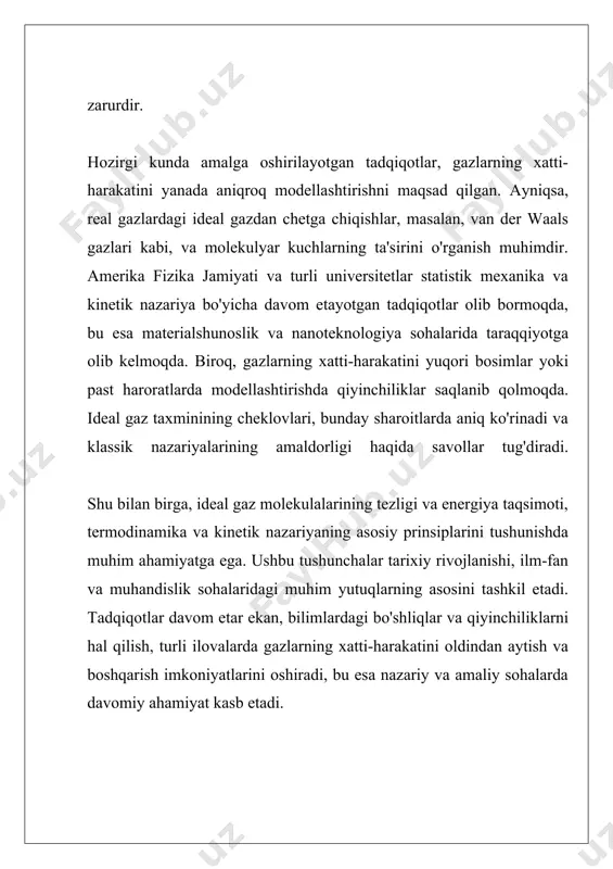 tik nazariyasi, shuningdek, gazlarning har xil sharoitlarda qanday harakat qilishini va qanday qilib energiya taqsimotining o'zgarishini tushunishga imkon beradi. shunday qilib, maxwell-boltzmann taqsimoti ideal gazlar uchun molekulalar tezligi va energiya taqsimotini ko'rsatishda juda muhim rol o'ynaydi. bu nazariya, gazlar dinamikasi va energetikasi, shuningdek, kimyoviy jarayonlarni o'rganish uchun zarur bo'lgan nazariy asosni taqdim etadi. o'zaro ta'sirlar va boshqa omillarni hisobga olgan holda, bu taqsimot haqiqiy gazlar uchun ham qo'llanilishi mumkin, bu esa bizga gazlarning murakkab xususiyatlarini tushunishga yordam beradi. ii. ideal gazlarning energiya taqsimoti va hisoblash usullari ideal gazlar molekulalarining energiya taqsimoti ularning kinetik energiyasi bilan bog'liq bo'lib, bu taqsimot maxwell-boltzmann taqsimoti orqali ifodalanadi. ideal gazlar nazariyasi asosan gaz molekulalarining harakatini va energiyalarini tavsiflaydi, bunda gaz molekulalari o'rtasidagi o'zaro ta'sirlar minimal hisoblanadi. bunday sharoitda, har bir molekulaning kinetik energiyasi quyidagi formula orqali aniqlanadi: ke = 1/2 mv², bu yerda m - molekulaning massasi, v - uning tezligi. kinetik energiya har doim …
