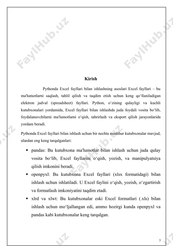 ish: from openpyxl import load_workbook # faylni yuklash wb = load_workbook('fayl_nomi.xlsx') # varaqqa kirish sheet = wb.active # faol varaqqa kirish pyhtonda: ma'lumotlarni o'qish: # a1 hujayrasidagi qiymatni olish value = sheet['a1'].value pyhtonda: ma'lumotlarni yozish: sheet['a2'] = 'yangi ma\'lumot' # faylni saqlash wb.save('yangi_fayl.xlsx') pyhtonda: varaq qo'shish: new_sheet = wb.create_sheet(title="yangivaraq") 3. xlrd va xlwt bu kutubxonalar eski .xls formatidagi excel fayllari bilan ishlash uchun ishlatiladi, lekin endi faqat o'qish uchun xlrd ishlatiladi. yozish uchun esa xlwt kutubxonasi mavjud. pyhtonda: xlrd bilan faylni o'qish import xlrd # excel faylini o'qish workbook = xlrd.open_workbook('fayl_nomi.xls') sheet = workbook.sheet_by_index(0) # ma'lumot olish value = sheet.cell_value(0, 0) 4. xlsxwriter xlsxwriter kutubxonasi faqat excel fayllarini yozish uchun ishlatiladi. bu kutubxona ko'plab formatlash va diagrammalar qo'shish imkoniyatlarini taqdim etadi. pyhtonda xlsxwriter yordamida excel faylini yozish: import xlsxwriter # yangi excel faylini yaratish workbook = xlsxwriter.workbook('yangi_fayl.xlsx') sheet = workbook.add_worksheet() # ma'lumot yozish sheet.write('a1', 'salom, dunyo!') # formatlash bold = …