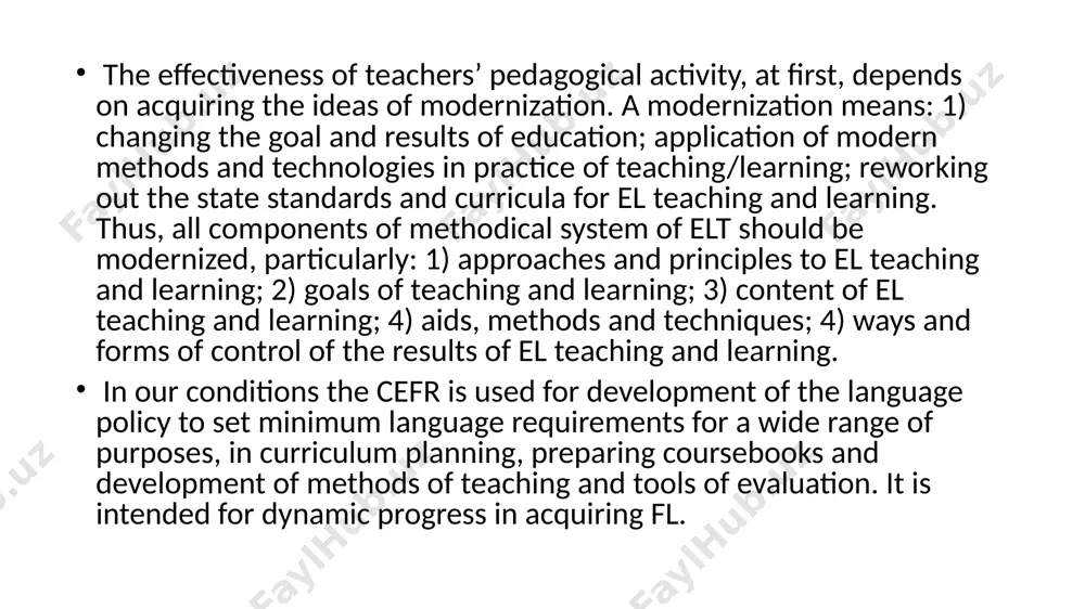 rocess of real and pedagogical communication; the development of the awareness of the new activities, new people civilizations; the development of the desire to cooperate and socialize; the keeping cultural traditions of one’s own country and understanding and respect others’; to compare different cultures, to express a personal point of view on other cultures, problems as well as to use the knowledge obtained from other subjects. it is important to point out and note down that cultural goals are realized within the process of achieving practical objectives. educational and developmental goals of el teaching and learning the practical and cultural goals are closely connected with the educational one because fll advances moral and aesthetic education. teachers and methodologists pay much attention to educational capacities in the teaching and learning process. of great importance is the linguistic aspect - the contextual side of the material in the foreign language: texts, exercises, …