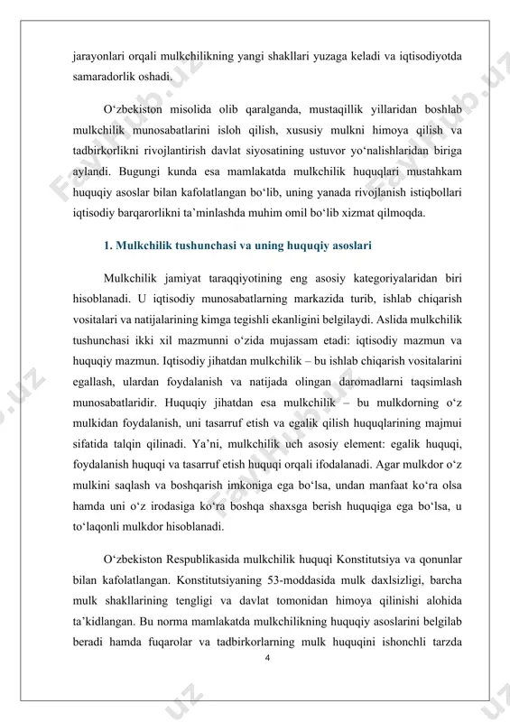 rda namoyon bo‘lib kelgan. har bir davrning iqtisodiy va ijtimoiy sharoitlari mulkchilik shakllarining xilma-xilligini belgilab bergan. mulkchilikning shakllari – bu mulkning kimga tegishli ekanligi va undan qanday foydalanilishi bilan bog‘liq huquqiy-iqtisodiy munosabatlarning ifodasidir. o‘zbekiston respublikasi konstitutsiyasi va qonunlariga ko‘ra, mamlakatda barcha mulk shakllari teng huquqli hisoblanadi va ular davlat tomonidan himoya qilinadi. bu tamoyil iqtisodiy islohotlarning barqaror rivojlanishini, mulkdorlar o‘rtasida raqobat muhitining shakllanishini ta’minlaydi. asosiy mulk shakllari quyidagilardan iborat: · davlat mulki – bu davlat organlari, korxonalari va muassasalariga tegishli bo‘lgan mulkdir. davlat mulki, asosan, strategik ahamiyatga ega bo‘lgan tarmoqlarda saqlanadi: energetika, transport, tabiiy resurslar, mudofaa va ijtimoiy sohalarda. davlat mulkining asosiy vazifasi – jamiyat manfaatlarini ta’minlash, aholini ijtimoiy qo‘llab-quvvatlash va iqtisodiy xavfsizlikni mustahkamlashdir. · xususiy mulk – bu alohida shaxslar, oilalar yoki tadbirkorlarga tegishli bo‘lgan mulkdir. xususiy mulk bozor iqtisodiyotining asosiy poydevori bo‘lib, u kishilarni mehnat qilishga, investitsiya kiritishga va iqtisodiy samaradorlikka rag‘batlantiradi. xususiy mulkning rivojlanishi tadbirkorlikning kengayishiga, yangi …