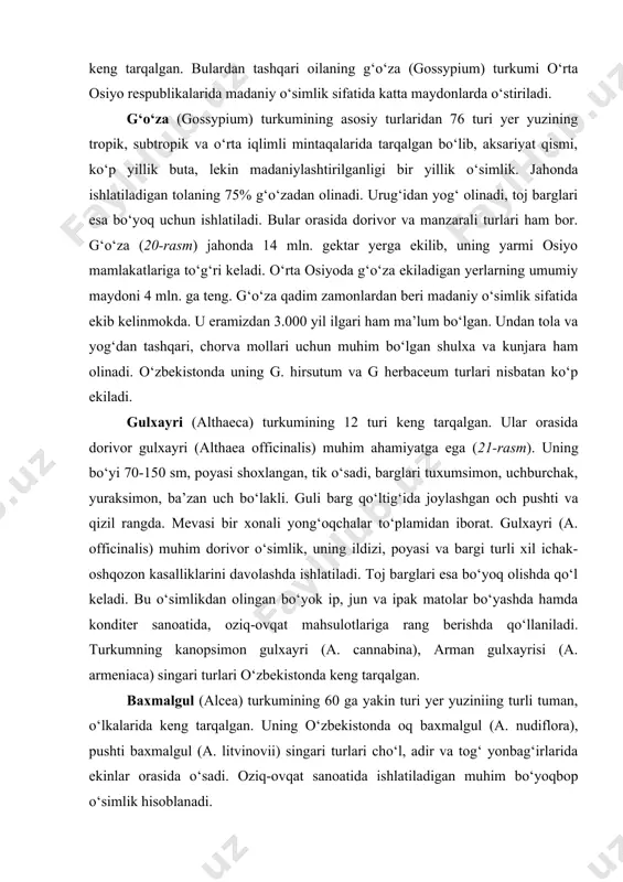 alliklarini davolashda ishlatiladi. toj barglari esa bo‘yoq olishda qo‘l keladi. bu o‘simlikdan olingan bo‘yok ip, jun va ipak matolar bo‘yashda hamda konditer sanoatida, oziq-ovqat mahsulotlariga rang berishda qo‘llaniladi. turkumning kanopsimon gulxayri (a. cannabina), arman gulxayrisi (a. armeniaca) singari turlari o‘zbekistonda keng tarqalgan. baxmalgul (alcea) turkumining 60 ga yakin turi yer yuziniing turli tuman, o‘lkalarida keng tarqalgan. uning o‘zbekistonda oq baxmalgul (a. nudiflora), pushti baxmalgul (a. litvinovii) singari turlari cho‘l, adir va tog‘ yonbag‘irlarida ekinlar orasida o‘sadi. oziq-ovqat sanoatida ishlatiladigan muhim bo‘yoqbop o‘simlik hisoblanadi. tugmachagul (malva) turkumining 125 turi ma’lum. o‘zbekistonda uning befarq tugmachagul (m. neglecta), movriton tugmachaguli (m. mauritana), o‘rmon tugmachaguli (m. silvestris), buxoro tugmachaguli (m. bucharica) singari turlari sug‘oriladigan bahorikor yerlarda, ekinzorlarda, bog‘larda tarqalgan. bu turkumlarning vakillari ham bo‘yoqbop o‘simliklardan bo‘lib, ulardan olingan rang g‘o‘za ipak va jundan tayyorlangan matolarni bo‘yash hamda oziq-ovqat mahsulotlariga rang berishda ishlatiladi. baobabdoshlar oilasi — bombacaceae oilaning 140 turi yer yuzining tropik o‘lkalari, afrika …