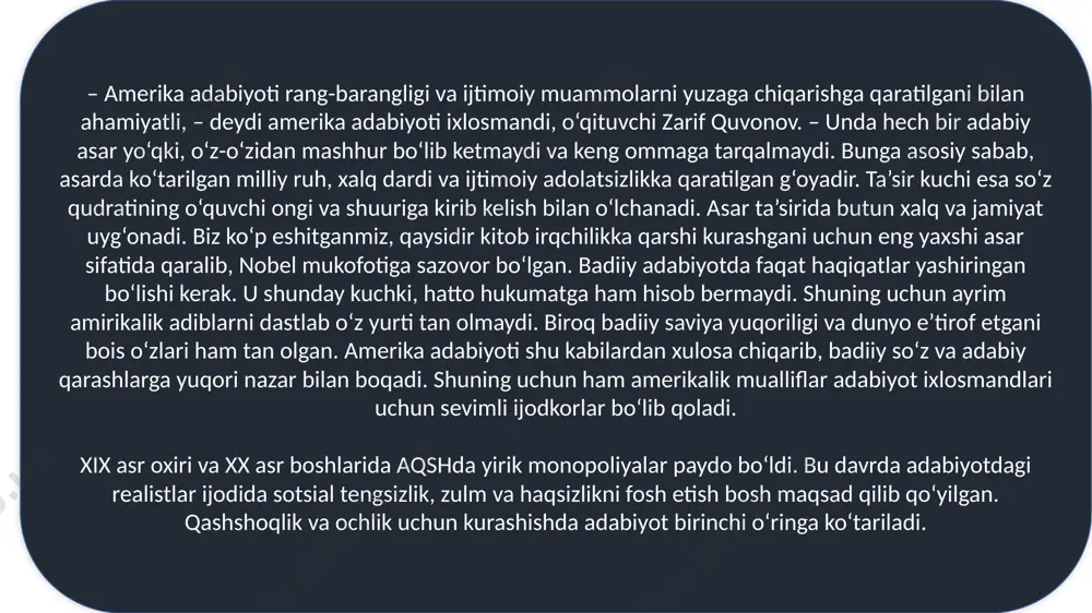 tarqalgan. 18-asr oxiri va 19-asr boshlarida amerika qoʻshma shtatlarida rassomlar – g. styuart, j. trammbal, t. salli ijod qildilar. amerika qoʻshma shtatlari tasviriy sanʼati rivojida filadelfiyada tashkil topgan badiiy akademiyaning (1805) ahamiyati katta boʻldi. 18-asr oxiri va 19-asr boshlarida rivojlangan amerika qoʻshma shtatlari tasviriy sanʼati 19-asrning 20–50-yillarida tushkunlik davrini boshdan kechirib, 19-asr 2-yarmidan yana yuksaldi. biron uoldo, u. maunt kabi realist rassomlar ijodida xalq turmushini jonli va haqqoniy ifodalashga intilish seziladi. 19-asrning 2-yarmida ijod qilgan va amerika sanʼatini yuksak darajaga kutargan rassomlar orasida u. gomer, t. itkins, j. uistlerlar alohida oʻrin tutadi. rassomlik sanʼatining tarkib topishiga t. nast, haykaltaroshlikka esa o. sent-godens hissa qoʻshgan. 19-asr oxiri va 20-asr boshlarida amerika qoʻshma shtatlari tasviriy sanʼatida impressionizm, simvolizm, modernizm (ch. xessem, m. preidergast) oqimlari paydo boʻldi. 20-asr boshlarida haykaltarosh j. bernard, rassomlardan j. pensell, j. sloan va j. bellouz kabilar ijod qildilar. amerika qoʻshma shtatlari tasviriy sanʼatida rassom r. kent alohida oʻrin …