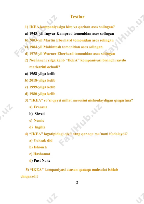 lsha c) lyuksemburg d) ispaniya 13) “ikea” franchayzi rivojlanishi nechanchi yilda kata kengayishni amalga oshirgan? a) 1980 b) 1970 c) 1958 d) 1990 14) 1979-yilga kelib “ikea” kompaniyasi savdo-markazlari nechta davlatda faoliyat yuritgan? a) 11 b) 10 c) 12 d) 14 15) “ikea” kompaniyasi boshqaruvi bilan qaysi holding shug’ullanadi? a) ingka b) lockhed martin c) rolls-royce d) amazon javoblar: 1) a 2) a 3) b 4) d 5) c 6) a 7) a 8) a 9) b 10) d 11) a 12) a 13) a 14) b 15) a 2