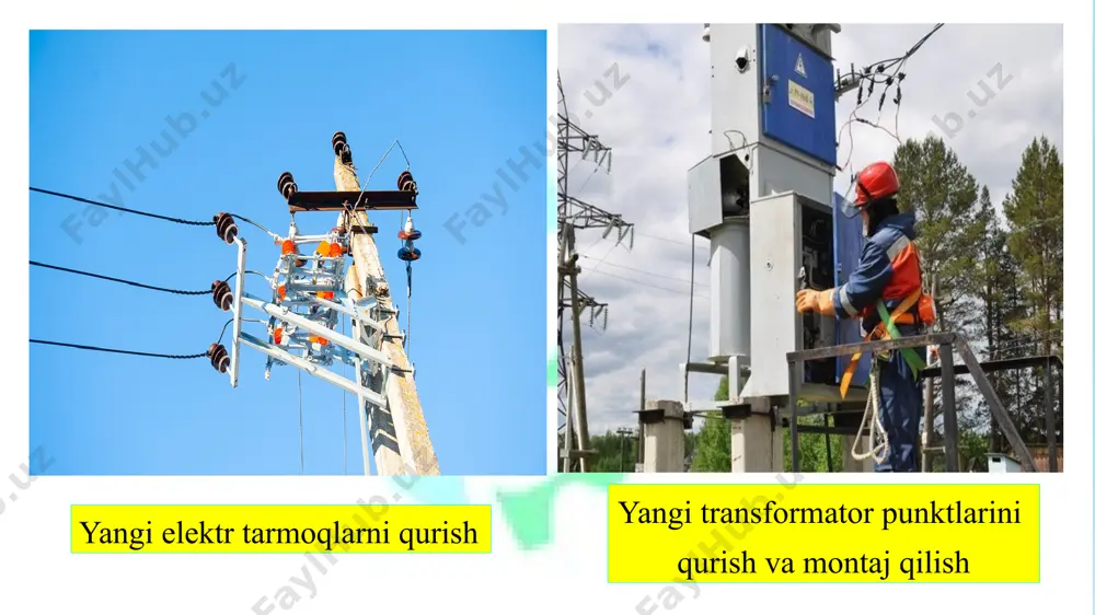 21 5.1 – rasm. uzatilgan elektr energiyasi narxining o‘tkazgich kesimiga bog‘liqlik grafigi. bu yerda: kee - elektr energiyasi narxi; f - o‘tkazgichning kesimi; fiqt - o‘tkazgichning iqtisodiy kesimini; k0l - liniyaning boshlang‘ich narxi. elektrosnabjenie kuchlanishi 10 kv li izolyatorlar va o‘tkazgich simlarni yangisiga almashtirish elektr ta’minoni 23 elektr tizimlarni loyihalashda esa metalllni iqtisod qilish maqsadida doimo o‘tkazgichning eng kichik kesimlisini tanlashga maqsdaga muvofiq deb qaraladi. elektr tizimlaridan foydalanish qoidalariga asosan turlicha foydalanish soatlari va metallardan yasalgan elektr o‘tkazgichlar uchun tokning iqtisodiy zichligi (jiqt) ni 5.1- jadvaldan topiladi. elektr ta’minoni 24 tokning iqtisodiy zichligi ma’lum bo‘lgan holatdagi o‘tkazgichning kesimi quyidagi formuladan topiladi: qishloq elektr tarmoqlarining uzunligi va tarmoqlanishi, belgilangan me’yorlardan kattaligi, ularidagi o‘tkazgichning kesimini topishda tokning iqtisodiy zichligi bo‘yicha emas, balki kuchlanish isrofiga asosan hisob olib borilsa o‘rinli bo‘ladi. (5.5) elektr ta’minoni 25 5.1-jadval. o’tkazgich materialiga bog‘liq bo‘lgan tokni itisodiy zichligi t.r o’tkazgichlar maksimal yuklamadan foydalanish vaqti (s) ga bog‘liq holda …