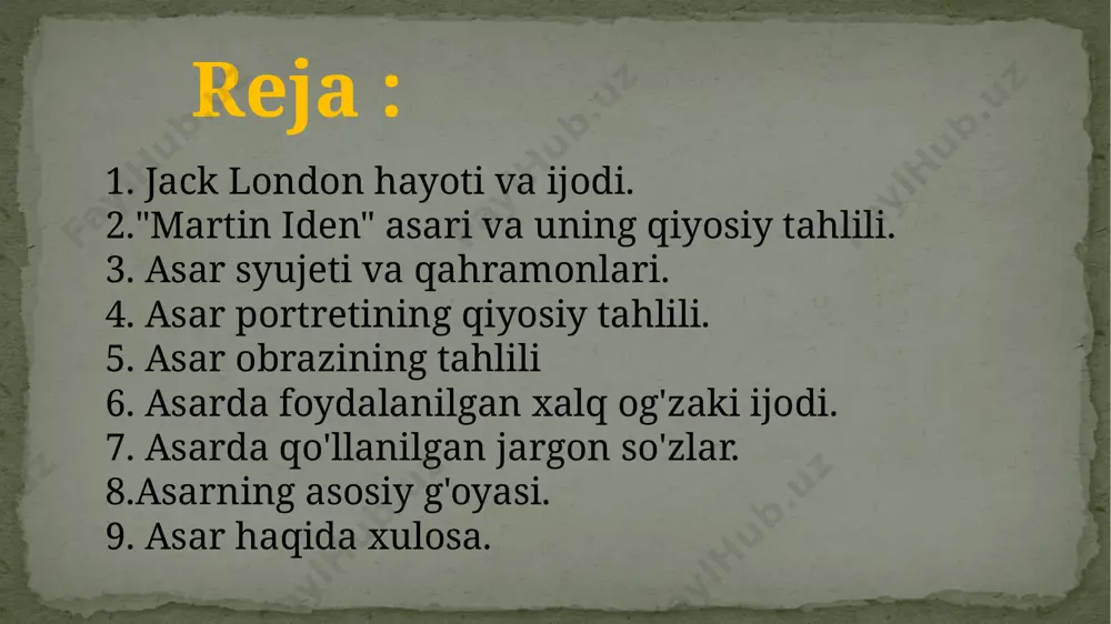 omanda oʻz hayotini aks ettirgan. ammo londondan farqli oʻlaroq, asar qahramoni eden sotsializmga qarshi chiqadi. roman qahramoni ogʻir mehnat qilib, shuhrat qozonadi. ammo oʻzi ideallashtirgan tuzumdan hafsalasi pir boʻlib, umidsizlikka tushadi hamda oʻz joniga qasd qiladi. janri : roman avtobiografik asar qahramonlari : martin eden – bosh qahramon; sobiq dengizchi ruth morse – talaba, badavlat oila farzandi lizzie connolly – fabrika ishchisi joe dawson – edenning boshchisi russ brissenden – kasal yozuvchi asardagi portretning qiyosiy tahlili martin iden” – bu haddan tashqari hayotiy kitob, insoniyat nodonligidan tortib go‘zallik cho‘qqisigacha bo‘lgan katarsis sayohati. bu safarning transport vositasi – kitobdagi so‘zlar. martin temir irodasi bilan o‘zini o‘zi o‘qitishni kutubxonadan olgan kitoblari orqali boshlaydi. “martin iden” tarbiyaviy romanning ajoyib namunasidir. biz u bilan uning har bir rivojlanish bosqichi va yutuqlari, quvonchlari, kitoblar orqali hurmatga sazovor bo‘lish uchun qanday qadamlar qo‘yayotgani bilan yashaymiz. asardagi obrazlarning qiyosiy tahlili martin idenga birdan bir tasalli beradgan narsa …