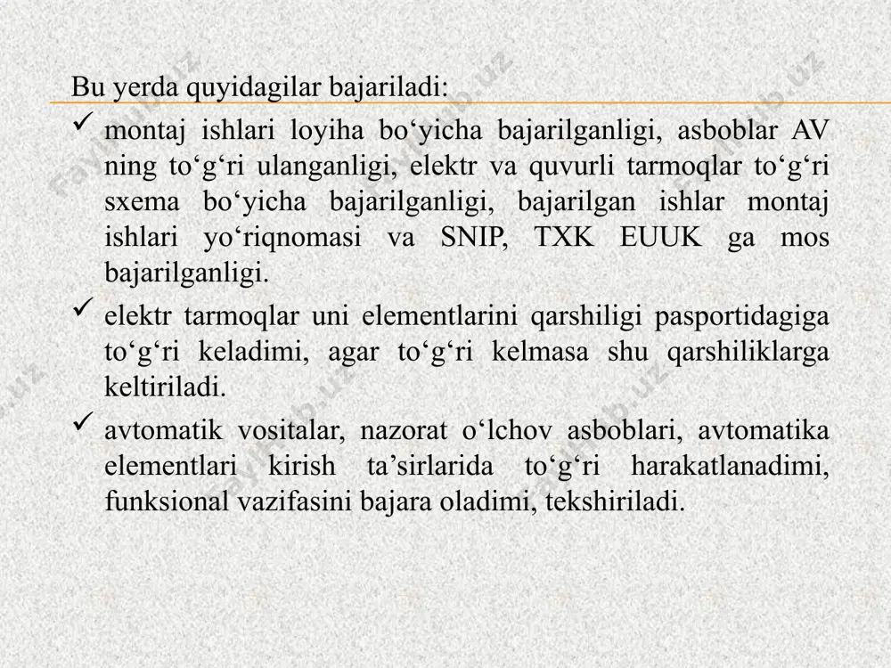 detallar korroziyasi kuzatilsa ular yechib olinadi tozalanadi ta’mir qilib, joyiga o‘rnatiladi, sozlanadi va statsionar stendda tekshiriladi. gidromeliorativ tizimidagi nazorat o‘lchov tizimlarida suv yoki boshqa suyuqliklar sarfi miqdorini o‘lchash tez-tez uchrab turadi. sarf miqdorini o‘lchash asboblariga yuqori talablar qo'yiladi va ular to‘g‘ri naladka (sozlangan) qilingan bo‘lishi kerak. hujjatlar bilan tanishib chiqilgach birlamchi vositalar (o‘zgartkichlar) to‘g‘ri o‘rnatilganligi ko'riladi. elektrodlar vintlar tozalangan, begona jismlar yopishmagan bo‘lishi shart. eletrodlar doim toza bo‘lishi uchun ular suv (suyuqlik) tarmog‘ining to‘g‘ri qismiga o‘rnatilishi va ishlab turgan holatida o‘z o‘rnida tozalash shtutserlari o‘rnatilgan bo‘lishi zarur. o‘lchov tarmoqlarida xatoliklarni kamaytirish uchun kuch tarmoqlar ta’siridan (shovqinni yo‘qotish uchun) muvozanatlovchi ta’sirlar qo'yiladi, masalan potensiometr-ni rostlab qo‘yish yordamida (induksion sarf o‘lchagich ir-51 da). bu yerda o‘lchov asbobi va o‘lchov bloki yaxlit kontur qilib yerga ulanadi va kabel korpusiga ulanadi. kabel kuchli elektr tarmoqlardan uzoqroqda o'natilishi kerak. sarf o‘lchov asbobining to‘g‘ri ko‘rsatishi hajmi ma’lum sig‘imga yig‘ilgan suyuqlik miqdori va uni to‘ldirish uchun ketgan …