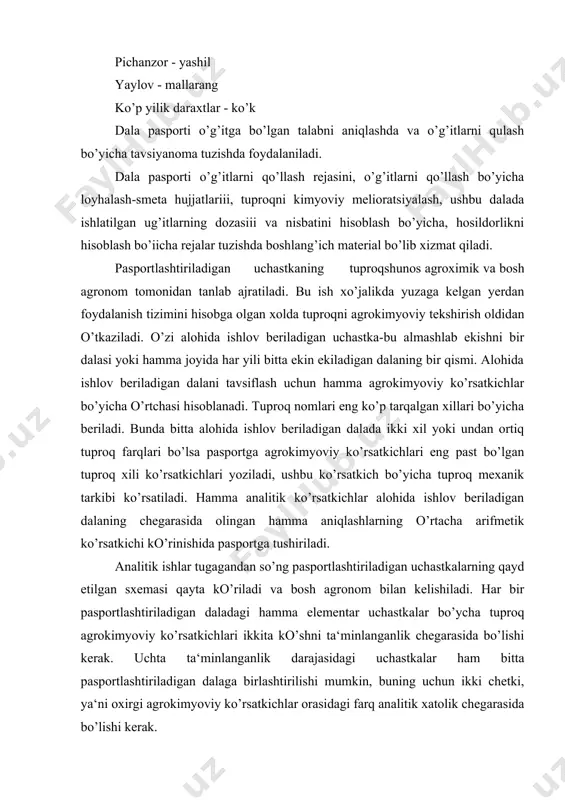 illik daraxtlar-ko’k chiziqlar bilan chegaralanadi bunda sug’oriladigai shudgor, yaxshilangan pichanzor yoki yaylov punktir chiziqlar bilan qayt etiladi. adabiyotlar: 1. niyozaliev, otabekov va boshqalar "agrokimyodan amaliy mashg’ulotlar" toshkent "mexnat" 1989 y. 2. a mavlonov, i.chumachenko, a abdujalolov "paxtachilikda agroximya xizmati" toshkent, "o’zbekiston" 1978 y. 3. ф.а. юдин. "методика агрохимических исследований" москва. "колос" 1980 г. 4. составление и использавание почвенних карт. под ред к.с-х. н. а.д. кашанского. москва. агропромиздат 1987 г. 5. ю.федорин, апонамарева "составление агрохимических картограмм" казсельхозгиз, 1964 г. алма-ата. 6. пособие по агрохимическому обслуживанию хозяств казакистана. под обш ред. ю.с папенко. алма-ата "кайнар", 1977 г