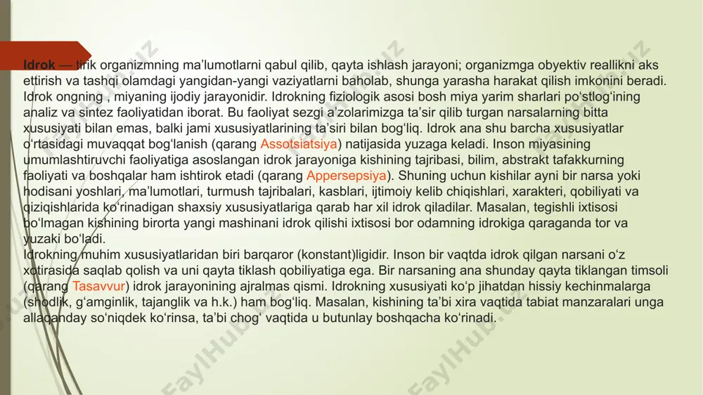 da idrok qilgan narsani oʻz xotirasida saqlab qolish va uni qayta tiklash qobiliyatiga ega. bir narsaning ana shunday qayta tiklangan timsoli (qarang tasavvur) idrok jarayonining ajralmas qismi. idrokning xususiyati koʻp jihatdan hissiy kechinmalarga (shodlik, gʻamginlik, tajanglik va h.k.) ham bogʻliq. masalan, kishining taʼbi xira vaqtida tabiat manzaralari unga allaqanday soʻniqdek koʻrinsa, taʼbi chogʻ vaqtida u butunlay boshqacha koʻrinadi. diqqat — subyekt faoliyatining biror obyekt yoki hodisaga jalb qilinishi. u har qanday ongli faoliyat samaradorligining zarur shartidir. bosh miya poʻstlogʻining muayyan joylaridagi optimal qoʻzgʻalish manbalari diqqatning fiziologik asosini tashkil qiladi. diqqat ikki turga boʻlinadi: ixtiyorsiz (passiv) diqqat va ixtiyoriy (aktiv) diqqat ixtiyorsiz diqqat biron tashqi sabab taʼsirida kishi xohishidan qatʼi nazar hosil boʻladi. bunday diqqat odamdan iroda kuchini talab qilmaydi. diqqatni jalb qilish uchun qoʻzgʻatuvchining kuchi katta ahamiyatga ega; mas, narsaning chi-royliligi, yorqinligi, oʻtkir hidliligi va b. xususiyatlari diqqat ni beixtiyor tortadi. ixtiyoriy diqqat da psixik faoliyat oldindan belgilangan maqsad bilan …