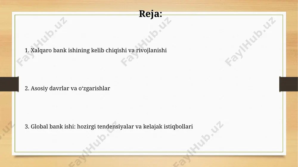 rqaror moliyalashtirish (sustainable finance) 2040-yilga kelib xalqaro bank amaliyotlarining muhim qismiga aylanadi, chunki esg (environmental, social, and governance) mezonlari asosida investitsiyalar ortadi. sun'iy intellekt (ai) va mashinali o'rganish (ml) algoritmlari xalqaro banklarda 2030-yilgacha risklarni baholash va kredit qarorlarini qabul qilish jarayonlarini avtomatlashtiradi hamda samaradorlikni oshiradi. birinchi jahon urushi va uning oqibatlari urushdan so'ng, germaniya tovon to'lovlari tufayli iqtisodiy qiyinchiliklarga duch keldi, bu esa 1923-yilda giperinflyatsiyaga olib keldi va xalqaro moliya tizimiga katta ta'sir ko'rsatdi. urush xarajatlarini qoplash uchun davlatlar katta miqdorda qarz oldi, bu esa urushdan keyin davlat qarzining sezilarli darajada oshishiga sabab bo'ldi va xalqaro banklarni sinovdan o'tkazdi. qadimgi banklar va moliya tizimlari miloddan avvalgi 2000-yillarda mesopotamiyada ibodatxonalar kredit berish va xazinalarni saqlash kabi moliyaviy operatsiyalarni amalga oshirib, qadimgi bank faoliyatining ilk shakllarini namoyon qilgan. qadimgi gretsiyada miloddan avvalgi iv asrda xususiy bankirlar 'trapezitlar' pul ayirboshlash, kredit berish va depozitlarni qabul qilish orqali savdo va iqtisodiyotni rivojlantirishda muhim rol …