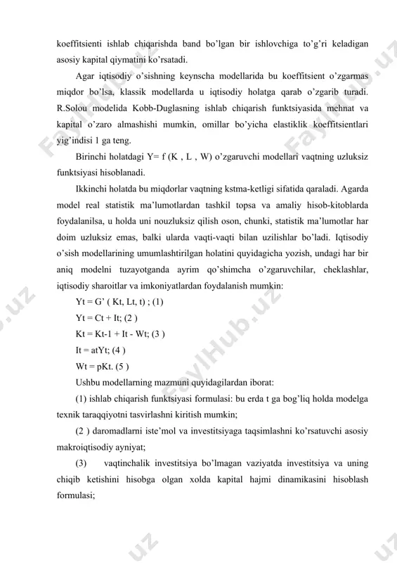 chiqib ketishi hajmini hisoblash formulasi. ushbu tizimdagi eng asosiy formula ishlab chiqarish funktsiyasi (1) hisoblanadi. (1) - (5) modeli birinchi marta 1956 yili r. solou tomonidan taklif qilingan edi. uning turli ko’rinishlari va usullaridan hozirgi kunda ham keng foydalanilib kelinmoqda. solou modelida ishlab chiqarish funktsiyasi (1) ishlab chiqarish omillarining eng so’nggi natijasini bildiradi va unda kapitalni jamg’arishda investitsiyalarga qilingan qo’shimcha xarajatlar kapitaldan foydalanishdagi qo’shimcha samaralarni qoplamay qolgan vaziyatda to’xtatiladi. solou modeli paydo bo’lguncha iqtisodiy o’sishni ko’rsatadigan model xarrod va domar modellari (1939,1946) hisoblangan. ularning modelida o’sishni ta’minlaydigan asosiy omil doimiy kapital qaytimi o’sishi hisoblangan. solou modeli xarroddomar modeliga nisbatan iqtisodiy o’sishni izohlashda qo’shimcha ko’rsatkichlarga ega. demak, xarrod va domar modellarida o’sishini ta’minlaydigan asosiy omil investitsiyalar, ya’ni kapital jamg’arish deb hisoblanadi. bu modellar 1920-50 yillardagi iqtisodiy o’sishlarni izohlashga qo’l kelgan, ammo keyingi yillardagi kuzatishlarga to’g’ri kelmay qolgan. uning asosiy mohiyati: 1. kapital unumdorligining doimiyligini, α = dy/dk; 2. doimiy jamg’arish normasi, …