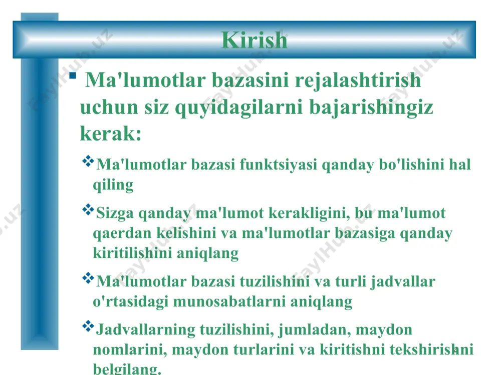 n kengligini) sozlashingiz mumkin. ma'lumotlar to'liq ko'rsatilmasligi mumkin, chunki standart ustun kengligi juda tor. ustun o'lchamini qo'lda o'zgartirish yoki ustun xususiyatlarini o'zgartirish uchun panjara chizig'ini bosishingiz va sudrab olishingiz mumkin access shuningdek, tarmoqdagi maʼlumotlarning matn atributlarini (shrift oʻlchami va uslubi va matn rangi) oʻzgartirish imkonini beradi. ushbu xususiyatlarning o'zgarishi to'rdagi barcha matnlarga qo'llaniladi ma'lumotlar jadvali ko'rinishidagi maydonlarning ustunlar tartibini o'zgartirish haqiqiy jadval tuzilmasidagi maydon tartibini o'zgartirmaydi ustun sarlavhasini qayta nomlash haqiqiy maydon nomini o'zgartiradi 14 jadvallar jadvallarni filtrlash va saralash: yozuvlar sukut bo'yicha yaratilgan tartibda ko'rsatiladi access yozuvlar soni ortishi bilan jadval maʼlumotlarini tartibga solish va chegaralashda yordam berish uchun saralash va filtrlash funksiyalarini taqdim etadi. yozuvlar tanlangan maydon asosida o‘sish (pastdan yuqoriga) yoki pasayish (yuqoridan pastgacha) tartibda saralanishi mumkin. ma'lumotlarni filtrlash yozuvni tanlash uchun mos keladigan shartlarni belgilashni o'z ichiga oladi. filtrlar ro'yxatga kiritilgan yozuv uchun bajarilishi kerak bo'lgan bitta yoki bir nechta shartlarni (sinovlarni) o'z ichiga olishi mumkin. …