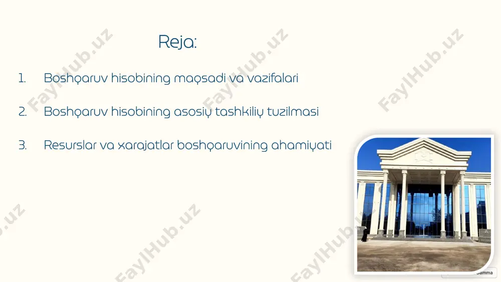 6 boshqaruv axborotining tashkiliy tizimi axborot yig'ish boshqaruv hisobida kompaniyaning ichki va tashqi axborotlar yig'iladi. axborotni qayta ishlash yig'ilgan axborotlar tahlil qilinadi, umumlashtiriladi va tartibga solinadi. axborotni taqdim etish qayta ishlangan axborotlar boshqaruv uchun kerakli shaklda taqdim etiladi. 7 boshqaruv qarorlarini qabul qilish uchun hisobotlar byudjet hisobotlari kompaniyaning xarajatlar va daromadlarini aks ettiradi. tahliliy hisobotlar kompaniya faoliyatining turli jihatlarini tahlil qiladi. loyiha hisobotlari kompaniyaning alohida loyihalari va dasturlarining natijalari. boshqaruv panellari kompaniya faoliyatining asosiy ko'rsatkichlarini tez ko'rish imkonini beradi. 8 resurslar va xarajatlar boshqaruvining ahamiyati 1 resurs taqsimoti kompaniyaning ichki va tashqi resurslarini samarali taqsimlash. 2 xarajatlar tahlili xarajatlarni turli jihatlardan, shu jumladan, dinamikasi, tarkibi va manbalaridan tahlil qilish. 3 samaradorlikni oshirish xarajatlarni qisqartirish va samaradorlikni oshirish bo'yicha chora-tadbirlar ishlab chiqish. 9 moliyaviy va nomolivaviy ko'rsatkichlar moliyaviy ko'rsatkichlar daromad, xarajatlar, foyda, rentabellik, likvidlik va boshqalar. nomolivaviy ko'rsatkichlar bozor ulushi, mijozlar qoniqish darajasi, innovatsiya ko'rsatkichlari, xodimlar samaradorligi va boshqalar. integratsiya moliyaviy …