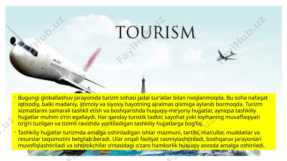 tayinlash kabi holatlar bo‘yicha chiqariladi. masalan, viloyat turizm boshqarmasi tomonidan festivalni tashkil qilish to‘g‘risidagi buyruq. tadbir konsepsiyasi – tadbir g‘oyasi, maqsadi, yo‘nalishi, auditoriyasi va mazmuni haqida batafsil ma’lumot beradi. bu hujjat rejalashtirishning boshlang‘ich bosqichida tuziladi. tashkiliy ish reja (yo‘l xaritasi) – tadbir yoki sayohat jarayonining bosqichlari, ularning ijrochilari va muddatlari ko‘rsatilgan hujjat. bu loyiha menejmentining asosi hisoblanadi. smeta (byudjet) – turizm xizmatlari va tadbirlari uchun moliyaviy resurslarning taqsimoti bayon etilgan hujjat. bunda homiylar bilan ishlash, xarajatlar nazorati asosiy o‘rinda bo‘ladi. shartnomalar – sayyohlik xizmatlarini ko‘rsatish, tashuvchilar, mehmonxonalar yoki oav bilan tuziladigan huquqiy hujjatlar. axborot-kommunikatsion materiallar – taklifnomalar, press-relizlar, dasturlar, afishalar va targ‘ibot materiallari. ular tadbirning ommaviyligini ta’minlaydi. hisobot va tahliliy hujjatlar – tadbir tugagach, yakuniy natijalar, statistik ko‘rsatkichlar va samaradorlikni o‘z ichiga olgan tahliliy hujjatlar tuziladi. turistik tadbirlarni tashkil etish bosqichlari va tashkiliy hujjatlarning roli turistik tadbirlar — bu ma’lum hududda turizmni rivojlantirish, sayyohlarni jalb qilish, hududiy identitetni namoyon etish, …