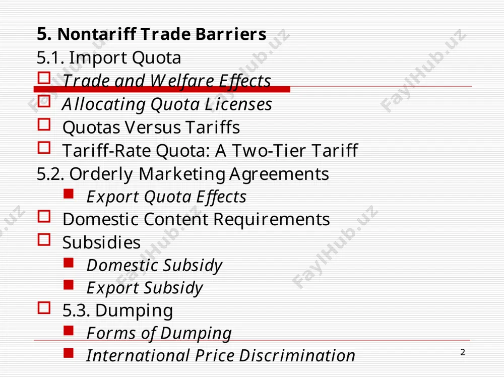 s to a level below that which would occur under free-trade conditions. for example, a quota - no more than 1 mln. kg of cheese or 20 mln kg of wheat can be imported within specific time period. a common practice to administer an import quota is for the government to require an import license. each license specifies the volume of imports allowed, and the total volume allowed should not exceed the quota. these licenses require the importer to spend time filling out forms and waiting for official permission. licenses can be sold to importing companies at a competitive price, or simply a fee or to preferred importers. however, this allocation method provides incentives for political lobbying and bribery. import quotas on manufactured goods have been outlawed by the wto. where import quotas have been used by advanced countries such as japan and the us is to protect agricultural producers. …