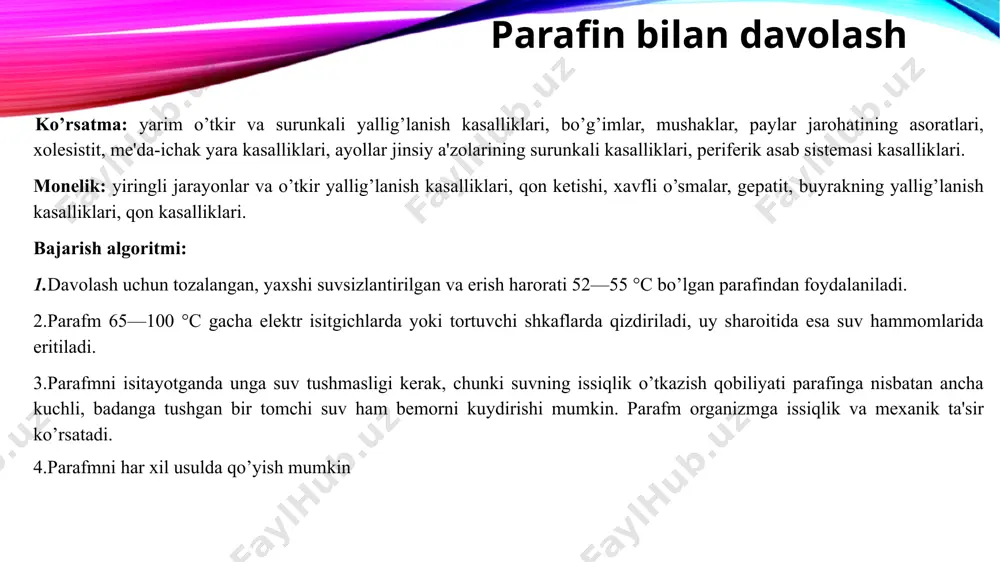 .balchiqni ishlatishdan oldin suv yoki suv hammomida isitiladi. muolaja bir kishigagina beriladigan bo’lsa, balchiqni chelakka solib, suvli bakka qo’yiladi va plita ustida isitiladi. 2.yirik davolash muolajalarida balchiq solingan chelaklarni sui to’ldirilgan yog’och yashiklarga (suv o’tkazmaydigan) quyib yoki elektr toki bilan qizdiriladigan maxsus qozonlarda 50—52°c gacha isitiladi, keyin sovuq balchiq bilan aralashtirilib, kerakli haroratgacha yetkaziladi. 3.isitishdan oldin balchiq turli aralashmalardan (chig’anoq, mayda toshlar) tozalanishi kerak. 4.balchiqni qo’llash texnikasi quyidagicha: kushetka ustiga adyol, uning ustidan avval choyshab, so’ngra kleyonka yoyiladi, bular nstidan to’shama (bo’z) mato yoziladi. 5.to’shama mato ustiga badanga qo’yilishi mo’ljallangan joyga muvofiq ravishda kerakli haroratdagi balchiq solinadi. 6.keyin bemorning belgilangan joyiga balchiq surtiladi, so’ng bemor kushetkadagi balchiq ustiga yotadi va bemor yuqorida aytilgan yopinchiq bilan qavatma-qavat yaxshilab o’rab qo’yiladi. 7balchiq bilan davolashdagi ba'zi muolajalarni (masalan, qo'1 panjasi) bemor o’tirgan holda qabul qilishi mumkin. 8.tegishli ko’rsatmalar bo’lganda bemorning boshi va yurak sohasiga sovuq suvda ho’llangan sochiq qo’yiladi. 9.cho’kma balchiq bilan davolash, …