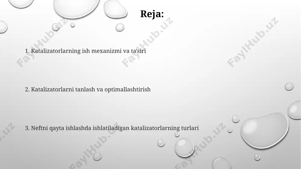 belgilaydi. gidroochish jarayonlarida ishlatiladigan sulfid katalizatorlari, odatda, 2-10% oltingugurt bilan promotirlangan bo'ladi va bu ularning aktiv markazlari sonini oshirib, jarayon selektivligini 85% gacha yaxshilaydi. neftni qayta ishlashda qo'llaniladigan katalizatorlarning umumiy ko'rinishi platina va palladiy kabi nodir yer metallari katalizatorlar tarkibiga kiradi va ularning kichik miqdori (ppm darajasida) benzin oktan sonini sezilarli darajada oshirishga qodir. neftni qayta ishlashda ishlatiladigan katalizatorlarning 90% dan ortig'i alyuminiy oksidi (al₂o₃) asosida tayyorlanadi, bu ularning yuqori sirt maydoniga va termal barqarorligiga bog'liq. gidrotreating jarayonida ishlatiladigan katalizatorlar, masalan, kobalt va molibden sulfidlari, oltingugurt birikmalarini yo'q qilish va yonilg'ining sifatini yaxshilashda muhim rol o'ynaydi. platina guruhi metall katalizatorlari platina guruhi metall katalizatorlari, masalan, platina va palladiy, neftni qayta ishlashda gidrokreking jarayonida faol ishtirok etib, yuqori molekulyar og'irlikdagi uglevodorodlarni 300-400°c haroratda engilroq fraksiyalarga ajratadi. pt/al₂o₃ kabi qo'llab-quvvatlangan platina katalizatorlari, benzinning oktan sonini oshirishda ishlatiladi, bu esa avtomobil dvigatellarining ishlash samaradorligini 15-20% ga yaxshilashga yordam beradi. ushbu katalizatorlarning yuqori faolligi …
