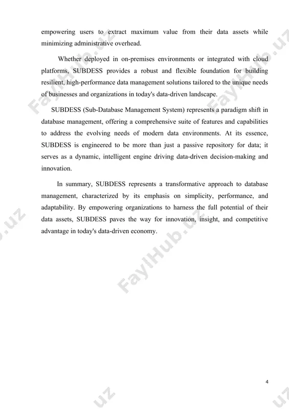 iability of the database. scalability: as data volumes continue to grow exponentially, scalability becomes a critical factor for any dbms. subdess addresses this challenge by offering seamless scalability, allowing organizations to expand their databases effortlessly to accommodate increasing data loads and user demands. whether it’s adding new servers, partitions, or nodes, subdess ensures that scalability is never a bottleneck, enabling businesses to scale their operations without compromising performance. concurrency control: in a multi-user environment, concurrency control is essential to prevent data inconsistencies and conflicts arising from concurrent access to the database. subdess implements sophisticated concurrency control mechanisms, ensuring that multiple users can access and modify the same data simultaneously without compromising its integrity. by managing concurrency effectively, subdess fosters collaboration and enhances productivity within organizations. security: the security of data is of paramount importance in today’s digital landscape, and subdess prioritizes data security with robust security features. from user authentication …