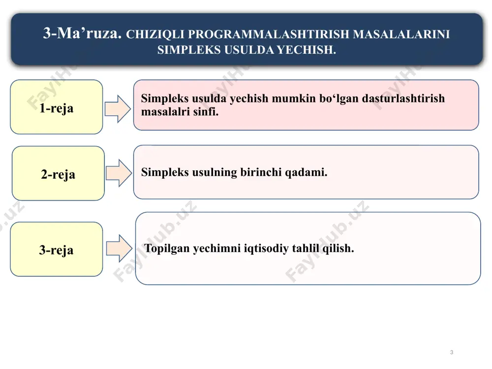 manfiy bo’lmagan qo’shimcha o’zgaruvchilarni qo’shish ( ) bo’lsa va ayirish (≥ 0) yordamida tenglamalar sistemasiga olib kelingan. chiziqli maqsad funktsiyaning tarkibiga bu yangi o’zgaruvchilar “0” koefitsient bilan kiritilgan. masalan: 1) xom ashyodan foydalanish masalasi quyidagi ko’rinishga keladi. z=c1x1+c2x2+...+cnxn+0xn+1+0xn+2+...+0xn+m a11x1+a12x2+...+a1nxn+xn+1=b1 a21x1+a22x2+...+a2n+xn+2=b2 ............................................ am1x1+am2x2+...+amnxn+xn+m=bm xj0 (j=1,…,n+m) xn+i (i=1,2,...m) –qo’shimcha o’zgaruvchilari 2) ozuqa ratsioni tuzish masalasi z=c1x1+ c2x2+...+cnxn+oxn+1+...+oxn+m anx1+a12x2+...+amxn-xn+1=b1 .......................................... am1x1+am2x2+...+amnxn-xn+ n=bm xj (j=1,2,...,n+m) chiziqli dasturlashtirish masalalarida cheklanishlar sistemasi tenglamalar ko’rinishda bo’lsa kanonik ko’rinishdagi masala deyiladi. 8 simpleks usulda yechish mumkin bo‘lgan masalalar sinfi. chiziqli dasturlashtirishning umumiy masalasi berilgan bol’sin. x1,...,x2,…,xn o’zgaruvchilarning shunday qiymatlarini topaylikki, f =c1x1+c2 x2 + ... +cn xn = (1) funktsiya eng katta (maksimum) yoki eng kichiq (minimum) qiymatga ega va bunda quyidagi shartlar bajarilsin: a11x1+a12x2+ ... +a1nxn ≤b1 a21x1+a22x2+ ... +a2nxn ≤b2 …………………………. (2) am1x1+am2x2+ ... +a mnxn≤bm x1≥ 0, x2≥ 0, ... , xn≥ 0. (3) ma‘lumki, chiziqli dasturlashtirishning umumiy masalasi tenglamalar sistemasi orqali ifodalangan edi. shuning …