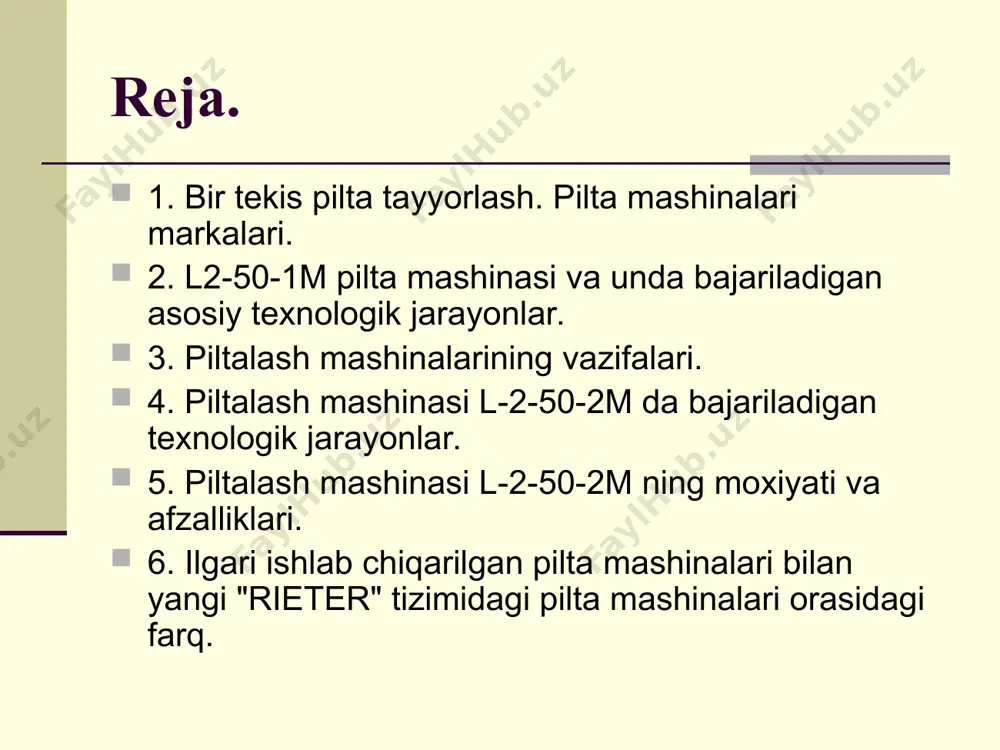 ta piltali toslar 1 joylashgan. rolik 2 bilan bir vaqtda tosdan ikkita pilta 3 ga o’tadi. bir oqimning olti (sakkiz) ta piltasi ularni ajratib turuvchi valik 5 va ta`minlovchi silindr 4 dan o’tadi. keyin esa pilta nov 6 bo’ylab harakatlanib cho’zish asbobi 7 ga boradi. har bir chiqaruvchi cho’zish asbobidan 5-8 marta pilta ingichkalanib momiq ko’rinishida nov 8 orqali yassilovchi vallar 9 dan o’tadi. qo’shilgan momiqlardan hosil bo’lgan pilta yo’naltiruvchi kanal 10 va zichlagich 11 orqali yassilovchi val 12 ga keladi, yassilovchi val piltani zichlagich teshigidan tortib olib, pilta taxlovchi mexanizm yuqorigi tarelkasi 13 ning qiya kanaliga boradi va pilta taxlovchi moslama 15 ning pastki tarelkasi aylanishi hisobiga tosga pilta joylanadi. piltalash mashinasi l-2-50-2m da bajariladigan texnologik jarayonlar. rieter" tizimidagi piltalash mashinasi 2 ta o’timdan iborat bo’lib, 8 ta pilta qo’shilib birta pilta hosil qilinadi. pilliklash mashinasi texnologik sxemasi pilta mashinalarning texnik tavsifi. t.r tavsiflovchi elementlar birligi rsb (851) l2– …