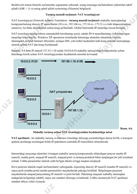 lish oynasining o'lchamini belgilaydi. tarmoq manzili tarjimasi: nat texnologiyasi nat texnologiyasi (network address translation - tarmoq manzili tarjimasi) mahalliy tarmoqlardagi kompyuterlarning shaxsiy ip manzillarini (10.x.xx, 192.168.xx, 172.16.xx -172.31.x.x kabi diapazonlardan) ommaviy an bilan almashtirish uchun keng qo'llaniladi. global internetda ip-manzilga ruxsat berilgan. nat texnologiyasining tobora ommalashib borishining asosiy sababi ipv4 manzillarining o'sib borayotgan tanqisligi bilan bog'liq. windows xp operatsion tizimlarida internetga ulanishni almashish vositasi, shuningdek, ko'plab internet shlyuzlari, ayniqsa dsl yoki kabel modemlari kabi keng polosali tarmoqlarga ulanish uchun nat dan keng foydalanadi. rasmda. 4.6 bitta ip-manzil 157.55.1.10 ostida 10.0.0.0/24 mahalliy tarmog'idagi kompyuterlar uchun internetga kirish uchun nat texnologiyasidan foydalanish misolini ko'rsatadi. rasm. 4.6. mahalliy tarmoq uchun nat texnologiyasidan foydalanishga misol nat qurilmasi - bu mahalliy tarmoq va internet o'rtasidagi shlyuzga joylashtirilgan dastur bo'lib, u transport qatlami portlariga asoslangan holda ip-paketlarni uzatishda ip-manzillarni almashtiradi. internetdagi jarayonga ulanishni o'rnatgan mahalliy tarmoq kompyuterida ishlaydigan jarayon manba ip manzili, manba porti, maqsad ip …