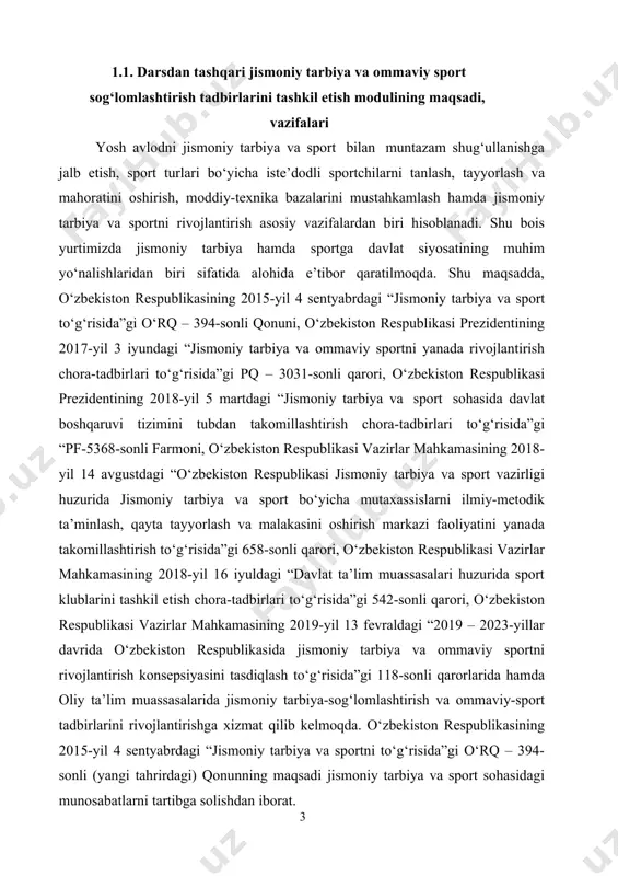 shlaridan biri sifatida alohida e’tibor qaratilmoqda. shu maqsadda, o‘zbekiston respublikasining 2015-yil 4 sentyabrdagi “jismoniy tarbiya va sport to‘g‘risida”gi o‘rq – 394-sonli qonuni, o‘zbekiston respublikasi prezidentining 2017-yil 3 iyundagi “jismoniy tarbiya va ommaviy sportni yanada rivojlantirish chora-tadbirlari to‘g‘risida”gi pq – 3031-sonli qarori, o‘zbekiston respublikasi prezidentining 2018-yil 5 martdagi “jismoniy tarbiya va sport sohasida davlat boshqaruvi tizimini tubdan takomillashtirish chora-tadbirlari to‘g‘risida”gi “pf-5368-sonli farmoni, o‘zbekiston respublikasi vazirlar mahkamasining 2018-yil 14 avgustdagi “o‘zbekiston respublikasi jismoniy tarbiya va sport vazirligi huzurida jismoniy tarbiya va sport bo‘yicha mutaxassislarni ilmiy-metodik ta’minlash, qayta tayyorlash va malakasini oshirish markazi faoliyatini yanada takomillashtirish to‘g‘risida”gi 658-sonli qarori, o‘zbekiston respublikasi vazirlar mahkamasining 2018-yil 16 iyuldagi “davlat ta’lim muassasalari huzurida sport klublarini tashkil etish chora-tadbirlari to‘g‘risida”gi 542-sonli qarori, o‘zbekiston respublikasi vazirlar mahkamasining 2019-yil 13 fevraldagi “2019 – 2023-yillar davrida o‘zbekiston respublikasida jismoniy tarbiya va ommaviy sportni rivojlantirish konsepsiyasini tasdiqlash to‘g‘risida”gi 118-sonli qarorlarida hamda oliy ta’lim muassasalarida jismoniy tarbiya-sog‘lomlashtirish va ommaviy-sport tadbirlarini rivojlantirishga xizmat …