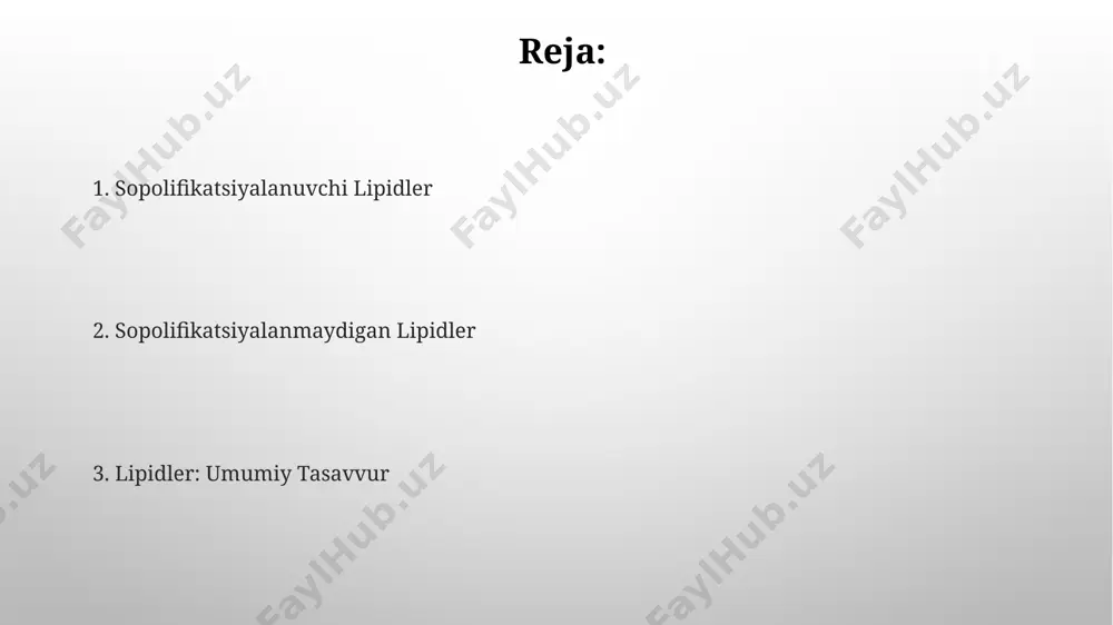 dlar guruhi bo'lib, ularning tarkibida sfingozin, yog' kislotasi va xolin kabi komponentlar mavjud bo'lib, asab to'qimalarida muhim rol o'ynaydi. murakkab soponifikatsiyalanuvchi lipidlar, masalan, fosfolipidlar, hujayra membranalarining asosiy tarkibiy qismini tashkil qilib, ularning ikki qutbli xususiyatini ta'minlaydi va 2 ta yog' kislotasi qoldig'ini o'z ichiga oladi. terpenoidlar terpenoidlarning 3000 dan ortiq tabiiy hosilasi mavjud bo‘lib, ular o‘simliklar va hayvonlarda turli xil biologik funksiyalarni bajaruvchi muhim organik birikmalar hisoblanadi. terpenoidlar izopren birliklaridan, odatda 5-uglerodli izopren birliklari soni 2 dan 8 gacha bo‘lgan polimerlardan tashkil topgan bo‘lib, ularning molekulyar massasi 32 dan 400 ga yetishi mumkin. sopodifikatsiyalanuvchi lipidler triglitseridlar – uchta yog' kislota molekulasi glitserol molekulasiga ester bog'lanishi orqali hosil bo'lgan eng keng tarqalgan saponifikatsiyalanuvchi lipid turi hisoblanadi, ularning fizik holati yog' kislotalarining tuzilishiga bog'liq. fosfolipidlar, saponifikatsiyalanuvchi lipidlarning muhim bir sinfini tashkil qilib, hujayra membranalarining asosiy tarkibiy qismi hisoblanadi va ularning tarkibida fosfat guruhi ham mavjud. steroidlar steroid gormonlari, masalan, kortikosteroidlar va jinsiy …