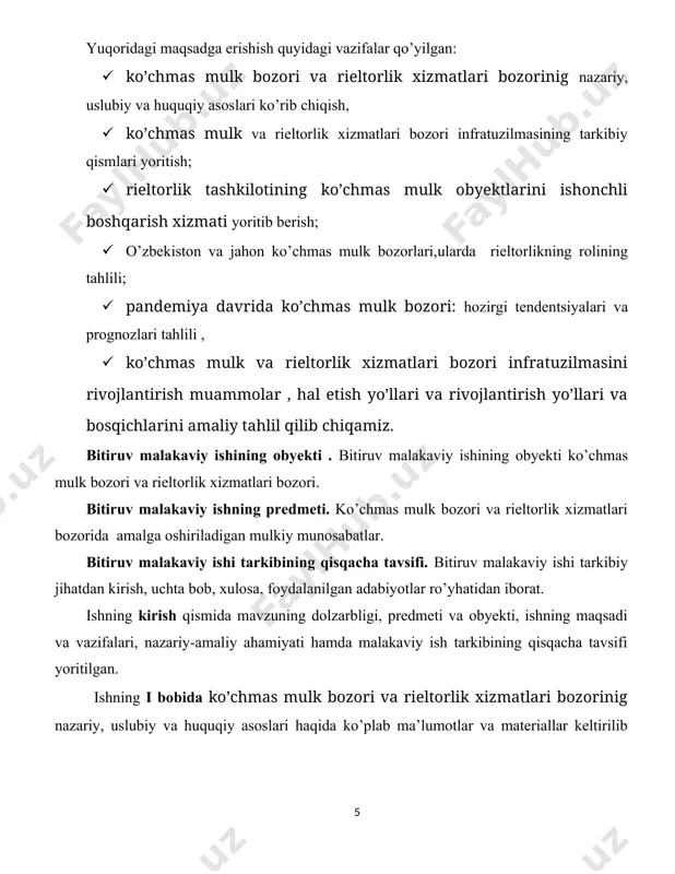 n. ishning xulosa qismida ko’chmas mulk va rieltorlik xizmatlari bozorini rivojlantirish yuzasidan ko’rib o’tilgan ma’lumotlar yuzasidan tegishli xulosalar shakllantirilgan. i bob. ko‘chmas mulk va rieltorlik xizmatlari bozorlarini rivojlantirishning nazariy va metodologik asoslari 1.1. ko’chmas mulk bozorining nazariy, uslubiy va huquqiy asoslari. bozor - bu ma’lum hajm, qimmat, qiymat va narxga ega bo’lgan tovarning erkin savdosi bilan bog’liq tashkillashgan ijtiomoiy-iqtisodiy-informatsionhuquqiy mexanizm bilan ta’minlangan munosabatlarni turli omillar ta’siri sharoitida maqsadli amalga oshirilishini ta’minlovchi yaxlit murakkab tizim (mexanizm) sifatida namoyon bo’luvchi tovar bo’yicha talab va taklif funksiyasi. ushbu tizimning faoliyat mexanizmi davlat va iqtisodiyotning barcha subyektlari tomonidan birgalikda ularni har birining alohida manfaatli maqsadlari doirasida harakatga keltiriladi. bozorda tovarlar ishlab chiqaruvchi (sotuvchi)lardan iste’molchi (haridor)larga tomon, moliyaviy resurslar esa aksincha yo’nalishda harakat qiladi. ko’chmas mulk bu – yerdan va unda joylashgan bino inshootlardan tashkil topgan mulk. ko’chmas mulk o’z ichiga yer ustida yoki yer ostida joylashgan va yerga o’rnatilgan moddiy mulklarni oladi. ko’chmas mulk …