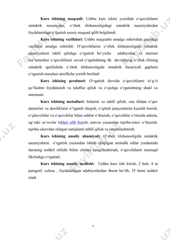 iy umumlashtirish, so‘zlarni umumiy belgilari asosida birlashtirish natijasi bo‘lsa, grammatik ko‘rsatgichlarning bir qismi leksik va bir qismi sintaktik ahamiyatga egadir. demak, tilshunos i.i.meshchaninov ta‘biri bilan aytganda, morfologiya aslida leksik va sintaktik jihatlar birligidir. sintaksis (gr. sintaxys - tuzish, qurish)ning asosi gap haqidagi ta‘limotdir. gaplar, aslida, so‘zlarning erkin birikuvlariga ham asoslanganligi tufayli so‘zlarning bog‘lanish qonuniyatlari, so‘z birikmalari ham sintaksisda o‘rganiladi. atom xususiyatlari va ularning birikish qonuniyatlarini ochish molekula tabiatini o‘rganishga bo‘ysundirilganligi kabi so‘z birikmalarini o‘rganish ham gap ta‘limotining tarkibiy qismi bo‘lib, undan ajratilgan holda qaralishi mumkin emas. sintaksis so‘zlarning har qanday birikuvlarini emas, balki hokim-tobelik munosabatiga kirishgan erkin nutqiy birikuvlar va ularning lisoniy mohiyatlarini tekshiradi. qaysidir yo‘sindagi so‘zlarning birikuvlari sanalmish qo‘shma so‘zlar (uchburchak, ertapishar, sotib olmoq), frazeologik birliklar (ilonning yog‘ini yalagan, yog‘ tushsa yalaguday, ko‘ngli bo‘sh) sintaksisning tadqiq doirasidan chetda qoladi. chunki ular erkin bog‘lanishga ega emas. sintaksis atamasi, grammatika atamasining o‘zi kabi, zulma‘nayn (ikki ma‘noli) dir: 1) tilning sintaktik qurilishi; …