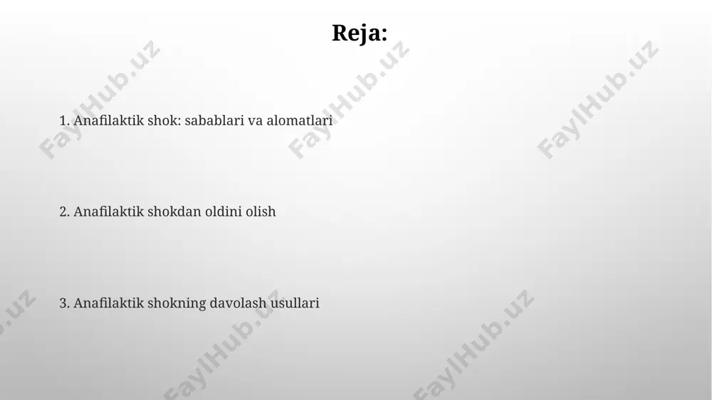 avqulodda tibbiy yordamga muhtoj qiladi. sog'lom turmush tarzi toʻgʻri ovqatlanish va muntazam jismoniy mashqlar, 2-toifa diabet xavfini 50% ga kamaytiradi, bu toshkentdagi sogʻliqni saqlash muassasalarining ma’lumotlariga koʻra aniqlangan. sogʻlom turmush tarzini yetaklash, yurak-qon tomir kasalliklari xavfini 30% ga kamaytirishi mumkin, bu butun dunyo boʻylab, jumladan oʻzbekistonning samarqand shahrida ham tasdiqlangan tadqiqotlar natijasidir. oldini olish o'tkir allergik reaksiyalar natijasida anafilaktik shok 1000 kishidan 1-2 tasida uchraydi, asosan, aqsh va yevropa mamlakatlarida. anafilaksiya rivojlanishining tezligi har xil bo'lishi mumkin; ba'zi hollarda, alomatlar 5-15 minut ichida, boshqa hollarda esa 2 soatdan keyin paydo bo'lishi mumkin. intravenoz suyuqliklar anafilaktik shokda vena ichiga yuboriladigan suyuqliklar, masalan, 0,9% li fiziologik eritma yoki ringer laktat eritmasi, qon bosimini ko'tarish va to'qimalarga qon oqimini yaxshilash uchun tez sur'atlarda, masalan, 1 litr/soat tezlikda yuborilishi mumkin. kristalloid eritmalar, jumladan, 5% dekstroza eritmasi, anafilaktik shok davrida qon hajmini tiklashda muhim rol o'ynaydi va dehidratatsiyani bartaraf etishga yordam beradi, shuningdek toshkent shahridagi …