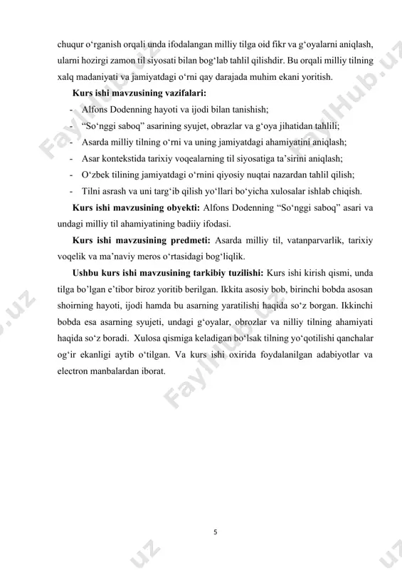 yotini, ular duch kelgan to‘siqlarni va adolat izlashdagi sa’y-harakatlarini tasvirlashga katta e’tibor qaratgan.[footnoteref:3] alfons dode o‘zining asarlarida kuchli badiiy tasvirlar, chuqur ijtimoiy tahlil va personajlarning ruhiy holatini aniq ifodalaydi. uning eng mashhur asarlaridan biri “so‘nggi saboq” (1871) hikoyasidir. ushbu asar 1870-1871 yillardagi fransiya-prussiya urushi va uning natijasida fransiyaning elzas va lotaringiya viloyatlarining germaniya tomonidan bosib olinishi ortidan fransuz tilining taqiqlanishi mavzusini ko‘taradi. asarda til va milliy o‘zlik o‘rtasidagi bog‘liqlik aniq ko‘rsatilgan, unda tilning yo‘qolishi xalqning madaniy va ma’naviy kimligini yo‘qotishiga olib kelishi tasvirlanadi. [3: normatov, h. adabiyot nazariyasi asoslari. – toshkent fan, 2015.] alfons doden o‘z asarlarida til va madaniyatning ahamiyatini yoritgan bo‘lsa-da, u faqat badiiy yozuvchi sifatida emas, balki xalqning og‘ir ahvolini, ularning ruhiy holatini o‘z ijodida namoyish etgan jamiyatning muhim vakili sifatida ham tanilgan. u asarlarida tabiatni, hayotni va jamiyatni tasvirlashda birinchi navbatda realistik uslublardan foydalanib, insonga nisbatan chuqur hurmat va sadoqatni namoyish etadi. alfons dode o‘z davrining …