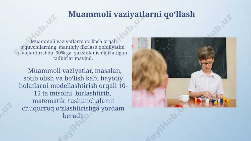 r 8-10 yoshli oʻquvchilarga fazoviy tasavvurini rivojlantirishga, 2 oʻlchovli va 3 oʻlchovli figuralarni tahlil qilishga yordam beradi. oʻquv rejalari va dasturlar baholovchi mezonlarga muvofiq, oʻquvchilarda mustaqil fikrlash koʻnikmalarini baholash uchun kamida 5 ta turli xil test va amaliy topshiriqlar turlari (masalan, esse, loyiha, muloqot) qoʻllanilishi kerak. oʻquv rejalari matematikada mustaqil fikrlashni rivojlantirishga qaratilgan vazifalarni 20% ga oshirishni, jumladan, ochiq savollar va muammoli vaziyatlarni qoʻshishni nazarda tutishi kerak. tanqidiy fikrlash koʻnikmalarini rivojlantirish o'quvchilarning mustaqil fikrlash qobiliyatini baholash uchun 3 bosqichli testlardan (tanqidiy baholash, muloqot, muammo yechish) foydalanish va har bir bosqich uchun kamida 5 ta savol berish tavsiya etiladi. tanqidiy fikrlashni rivojlantirishda 5-7 yoshli bolalarga sodda matematik muammolarni turli usullar bilan yechishni o'rgatish, kamida 3 ta echimni topishga undash muhim. loyiha ishlari orqali mustaqil fikrlash loyiha topshiriqlari, o‘quvchilarning 70% dan ortig‘i o‘z echimlarini mustaqil ravishda taqdim etish orqali muloqot va taqdimot ko‘nikmalarini rivojlantirish bilan birga mustaqil fikrlashni qo‘llab-quvvatlaydi. loyiha ishlari orqali …