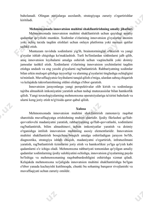 ladi. kelajakda mehmonxona xo'jaligida innovatsion muhitni shakllantirishga bo'lgan e'tibor yanada kuchayishi kutilmoqda, chunki bu sohaning barqaror rivojlanishi va muvaffaqiyati uchun zaruriy omildir. case study "citizenm" mehmonxona tarmog'ida innovatsion muhitni shakllantirish kirish "citizenm" 2008-yilda amsterdamda tashkil etilgan zamonaviy mehmonxona tarmog'i bo'lib, o'zining g'ayrioddiy dizayni, texnologik yechimlari va xizmat ko'rsatishning noyob uslubi bilan ajralib turadi. "citizenm" o'z faoliyatining boshidan innovatsiyalarga katta e'tibor qaratib, mehmonxona sanoatida yangi standartlarni o'rnatishga intilgan. ushbu keys-stadi "citizenm" mehmonxonalarida innovatsion muhitni shakllantirish bo'yicha amalga oshirilgan strategiyalar va ularning natijalarini tahlil qiladi. "citizenm" mehmonxonalarida innovatsion muhitni yaratish uchun bir qator strategiyalar qo'llaniladi. "citizenm" barcha xodimlari o'zlarining innovatsion g'oyalarini erkin baham ko'rishlari uchun onlayn platforma yaratgan. bu platforma xodimlarga g'oyalarini taqdim etish, boshqa xodimlarning g'oyalariga ovoz berish va fikr bildirish imkoniyatini beradi. eng yaxshi g'oyalar rahbariyat tomonidan ko'rib chiqiladi va amalga oshirish uchun resurslar ajratiladi. bu xodimlarning o'zini qadrlashini oshiradi va ularni innovatsion jarayonlarga faol jalb qiladi. "citizenm" o'z mehmonxonalarida …
